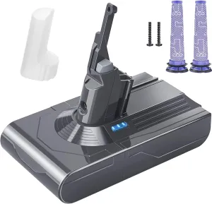 Battery Replacement for Dyson V8, 21.6V 6500mAh Li-ion Battery Compatible with SV10 V8 Animal V8 Absolute V8 Motorhead V8 Carbon Fiber V8 Fluffy Series Cordless Vacuum, 2 Filters and 2 Screws Included
