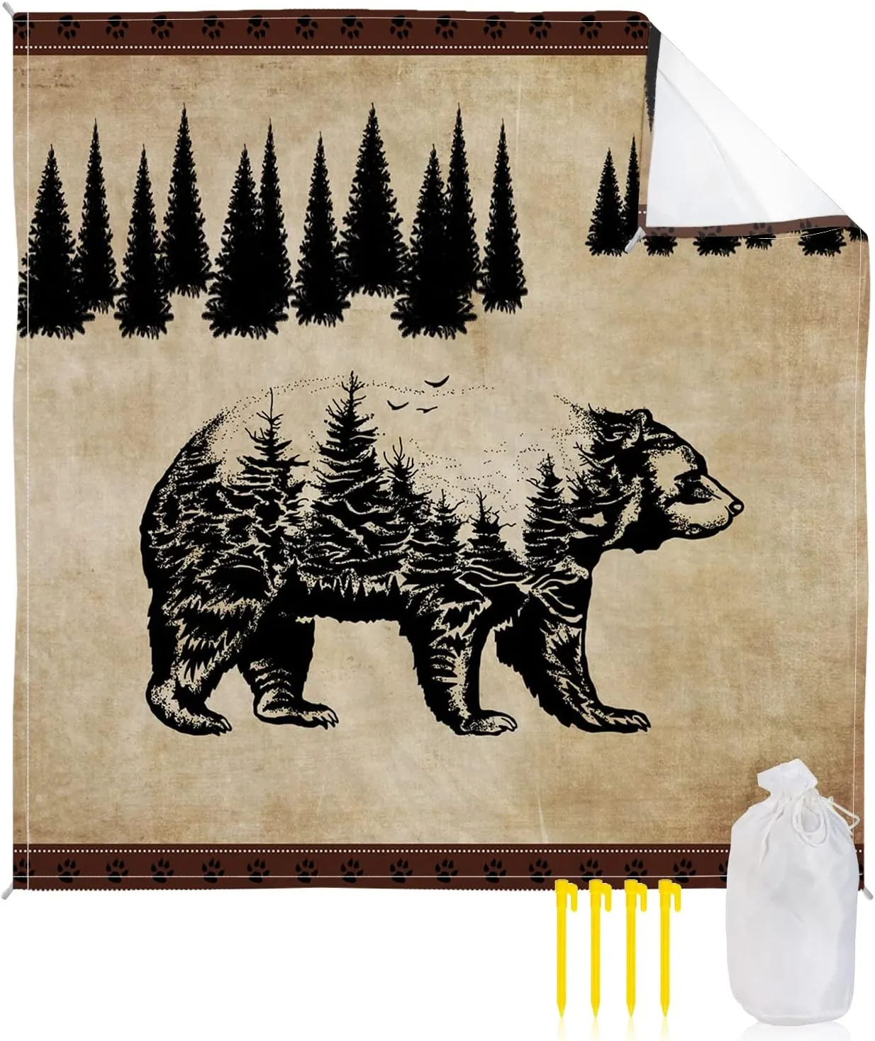Beach Blanket Sandproof, Bear Pine Tree Vintage Pattern Waterproof Beach Mat Lightweight Quick Drying Picnic Blanket Beach Essentials for Travel Camping Hiking 95x80in