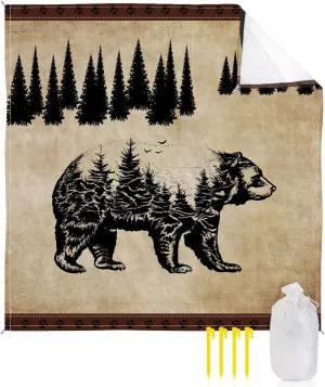 Beach Blanket Sandproof, Bear Pine Tree Vintage Pattern Waterproof Beach Mat Lightweight Quick Drying Picnic Blanket Beach Essentials for Travel Camping Hiking 95x80in