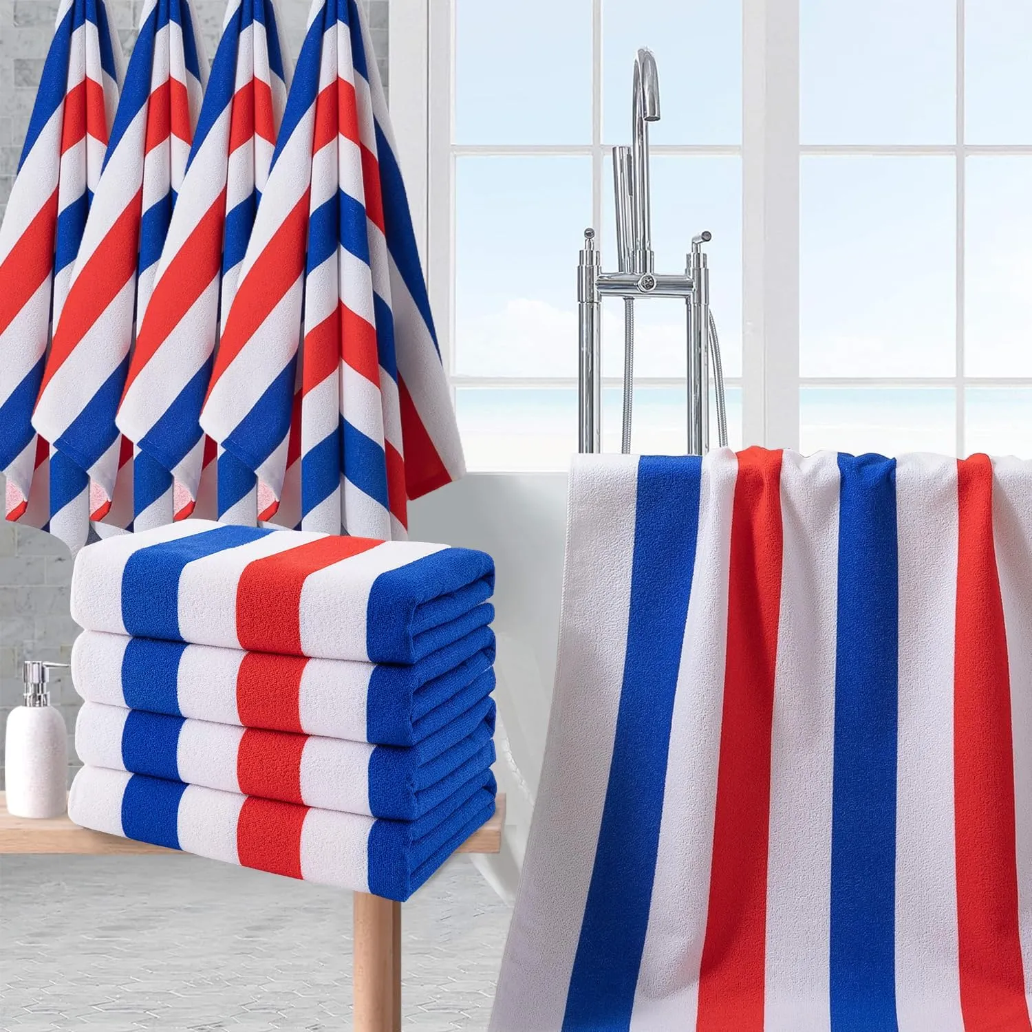Beach Towel Set-4 Pack 30"x60" Sand Free Stripe Beach Towel for Pool,Bathroom,Soft Absorbent Quick Dry Lightweight Beach Bath Towel,Camping Blanket,Travel Towel,Beach Essentials for Adults,Red/Blue