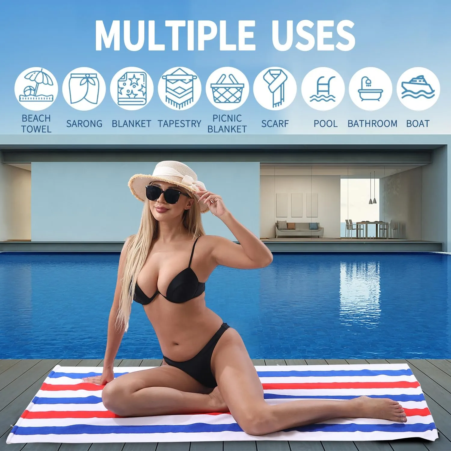 Beach Towel Set-4 Pack 30"x60" Sand Free Stripe Beach Towel for Pool,Bathroom,Soft Absorbent Quick Dry Lightweight Beach Bath Towel,Camping Blanket,Travel Towel,Beach Essentials for Adults,Red/Blue