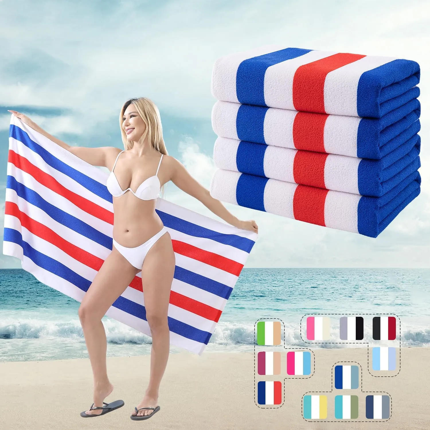 Beach Towel Set-4 Pack 30"x60" Sand Free Stripe Beach Towel for Pool,Bathroom,Soft Absorbent Quick Dry Lightweight Beach Bath Towel,Camping Blanket,Travel Towel,Beach Essentials for Adults,Red/Blue