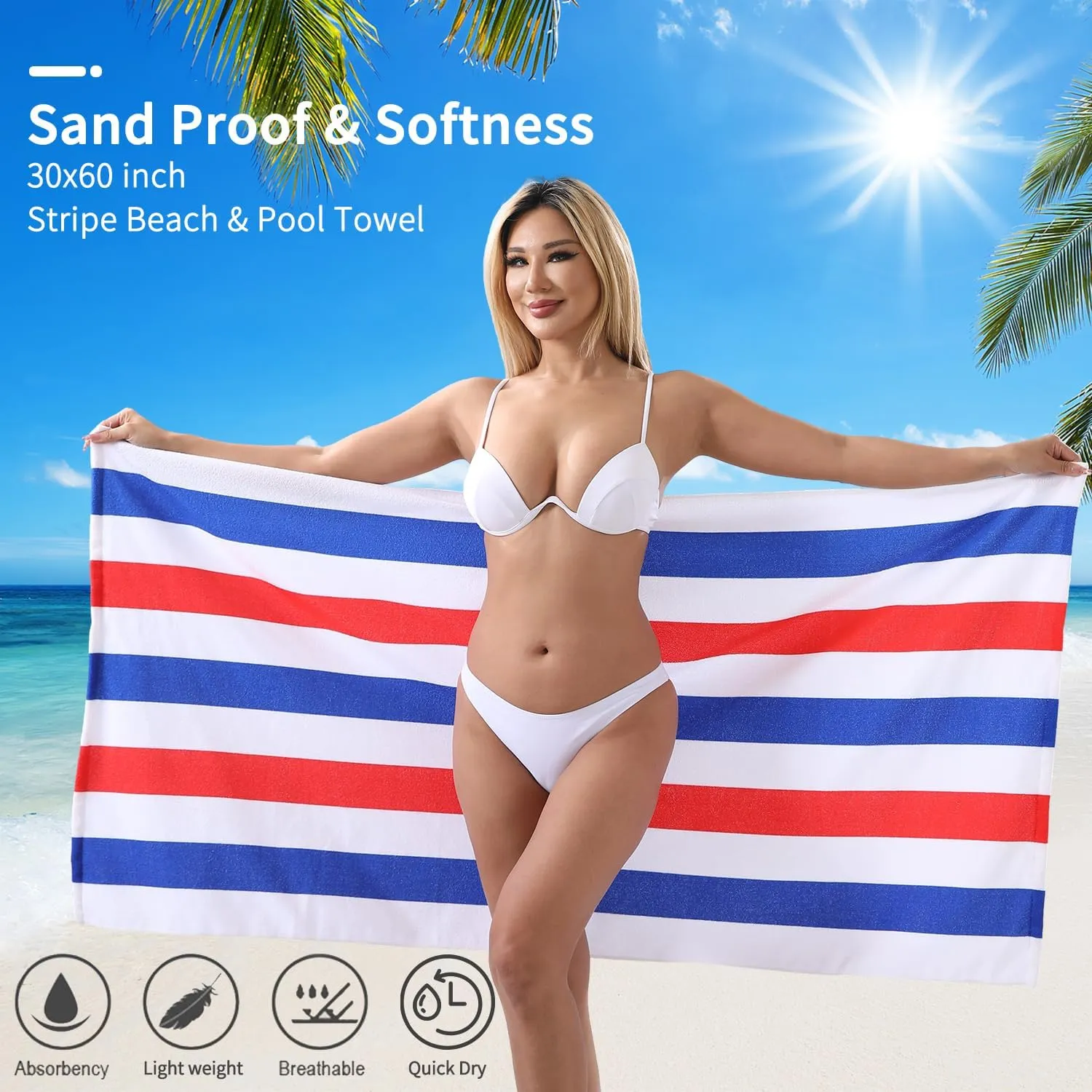 Beach Towel Set-4 Pack 30"x60" Sand Free Stripe Beach Towel for Pool,Bathroom,Soft Absorbent Quick Dry Lightweight Beach Bath Towel,Camping Blanket,Travel Towel,Beach Essentials for Adults,Red/Blue
