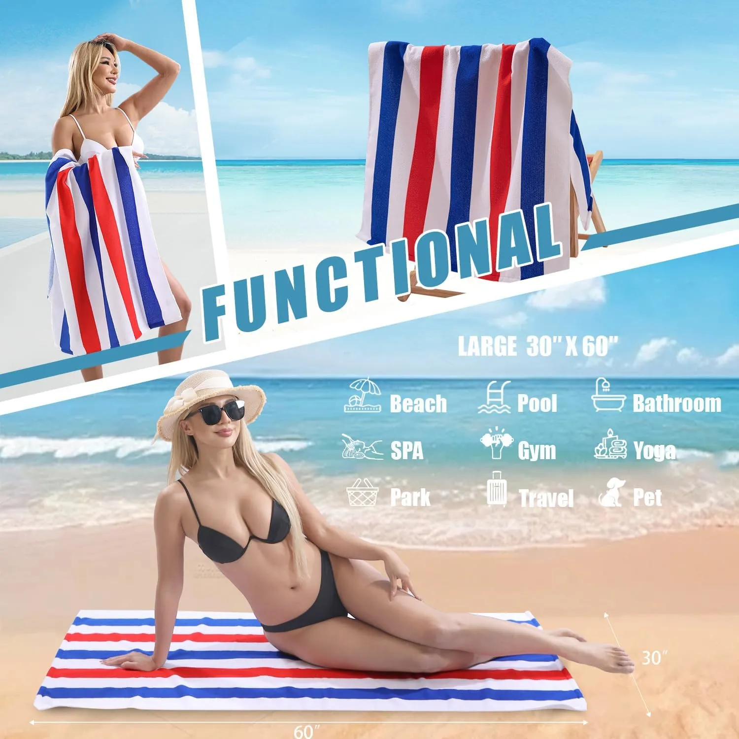Beach Towel Set-4 Pack 30"x60" Sand Free Stripe Beach Towel for Pool,Bathroom,Soft Absorbent Quick Dry Lightweight Beach Bath Towel,Camping Blanket,Travel Towel,Beach Essentials for Adults,Red/Blue
