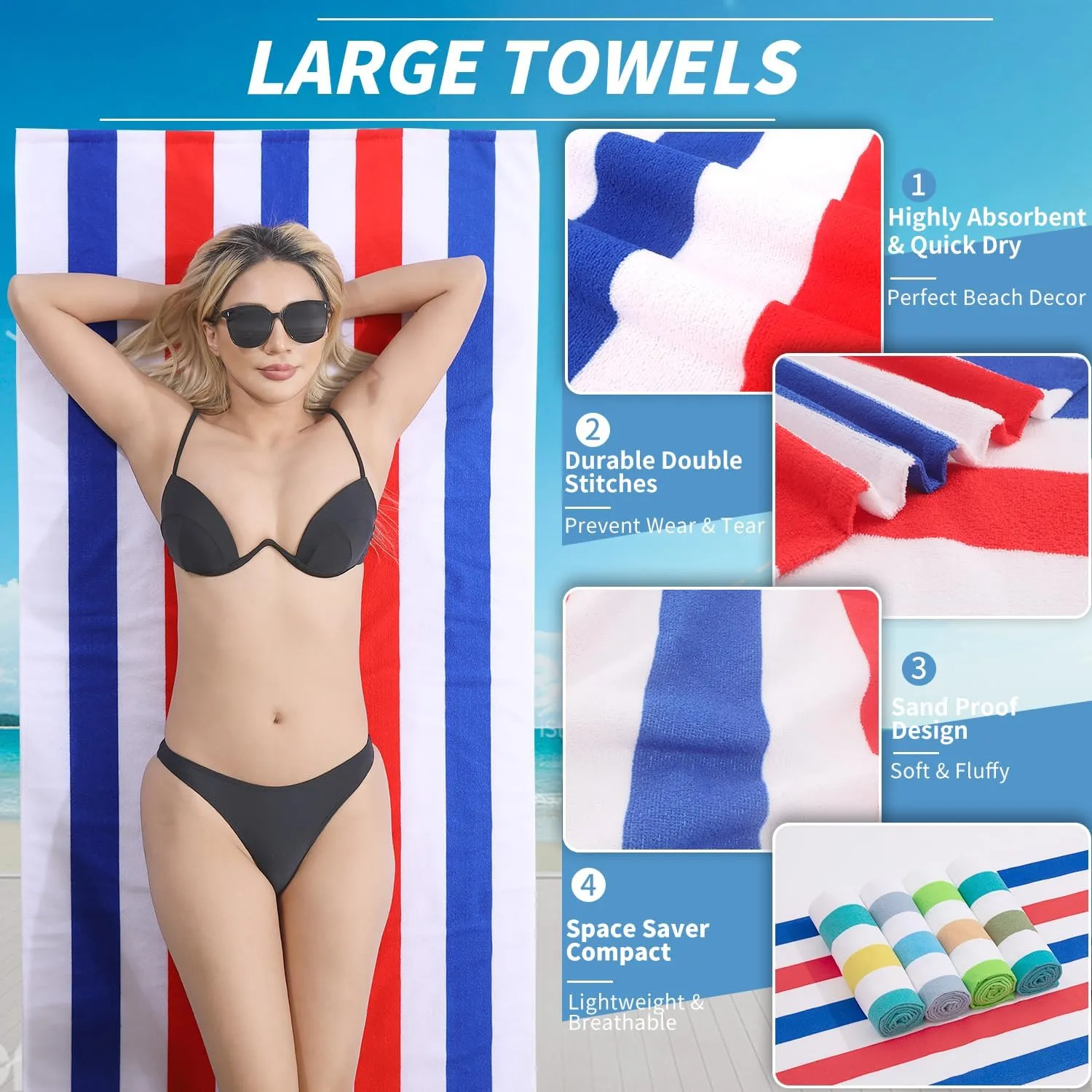 Beach Towel Set-4 Pack 30"x60" Sand Free Stripe Beach Towel for Pool,Bathroom,Soft Absorbent Quick Dry Lightweight Beach Bath Towel,Camping Blanket,Travel Towel,Beach Essentials for Adults,Red/Blue