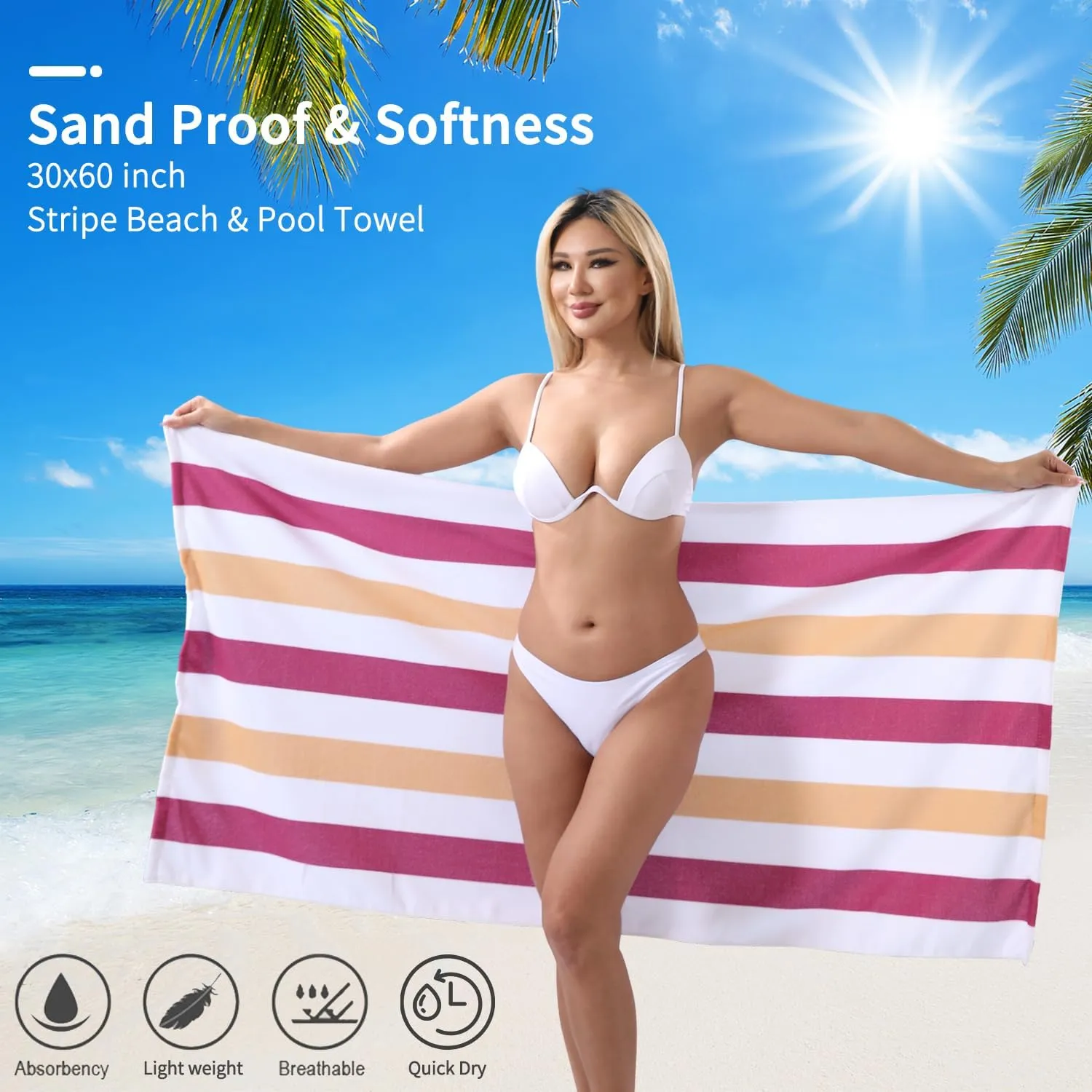 Beach Towel Set-4 Pack 30"x60" Sand Free Stripe Beach Towel for Pool,Bathroom,Soft Absorbent Quick Dry Lightweight Beach Bath Towel,Camping Blanket,Travel Towel,Beach Essentials for Adults,Red/Camel