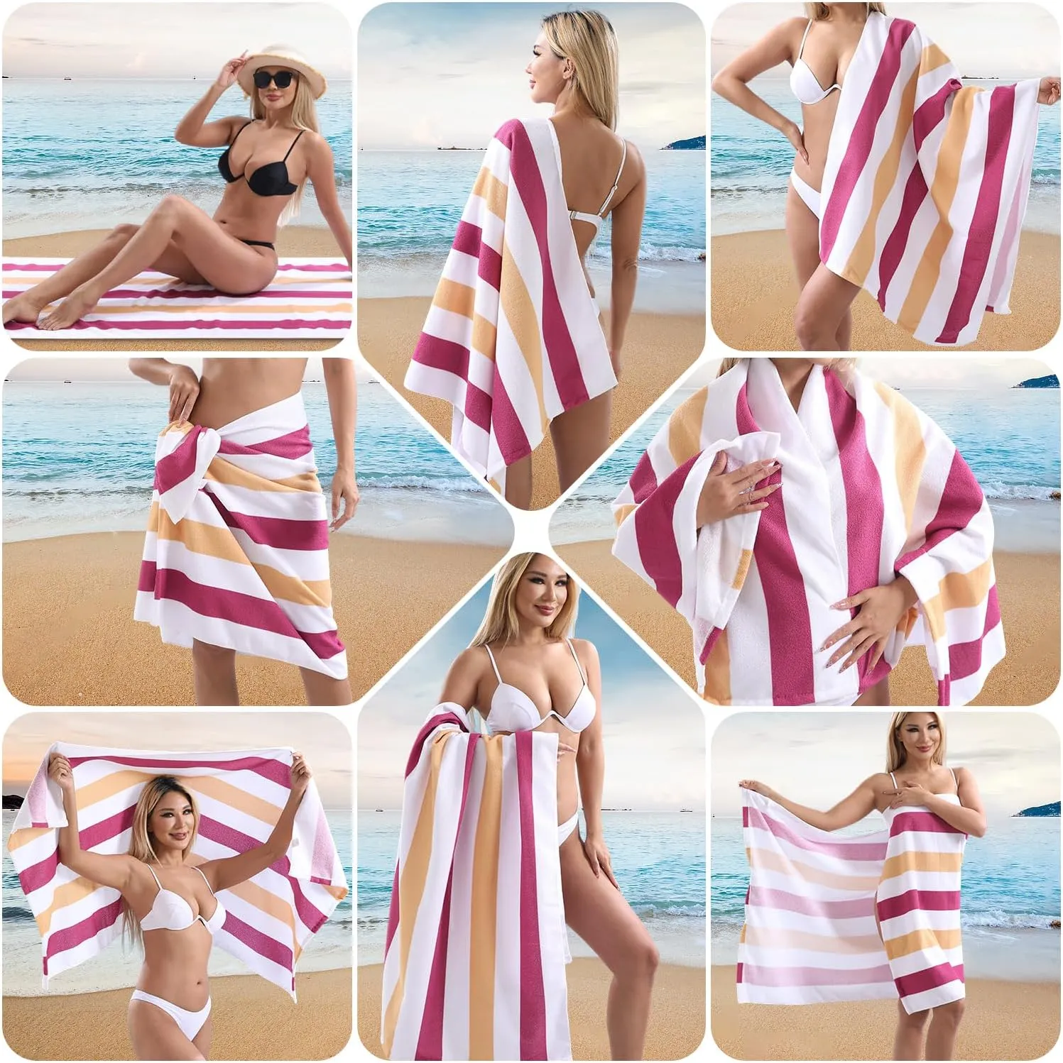 Beach Towel Set-4 Pack 30"x60" Sand Free Stripe Beach Towel for Pool,Bathroom,Soft Absorbent Quick Dry Lightweight Beach Bath Towel,Camping Blanket,Travel Towel,Beach Essentials for Adults,Red/Camel