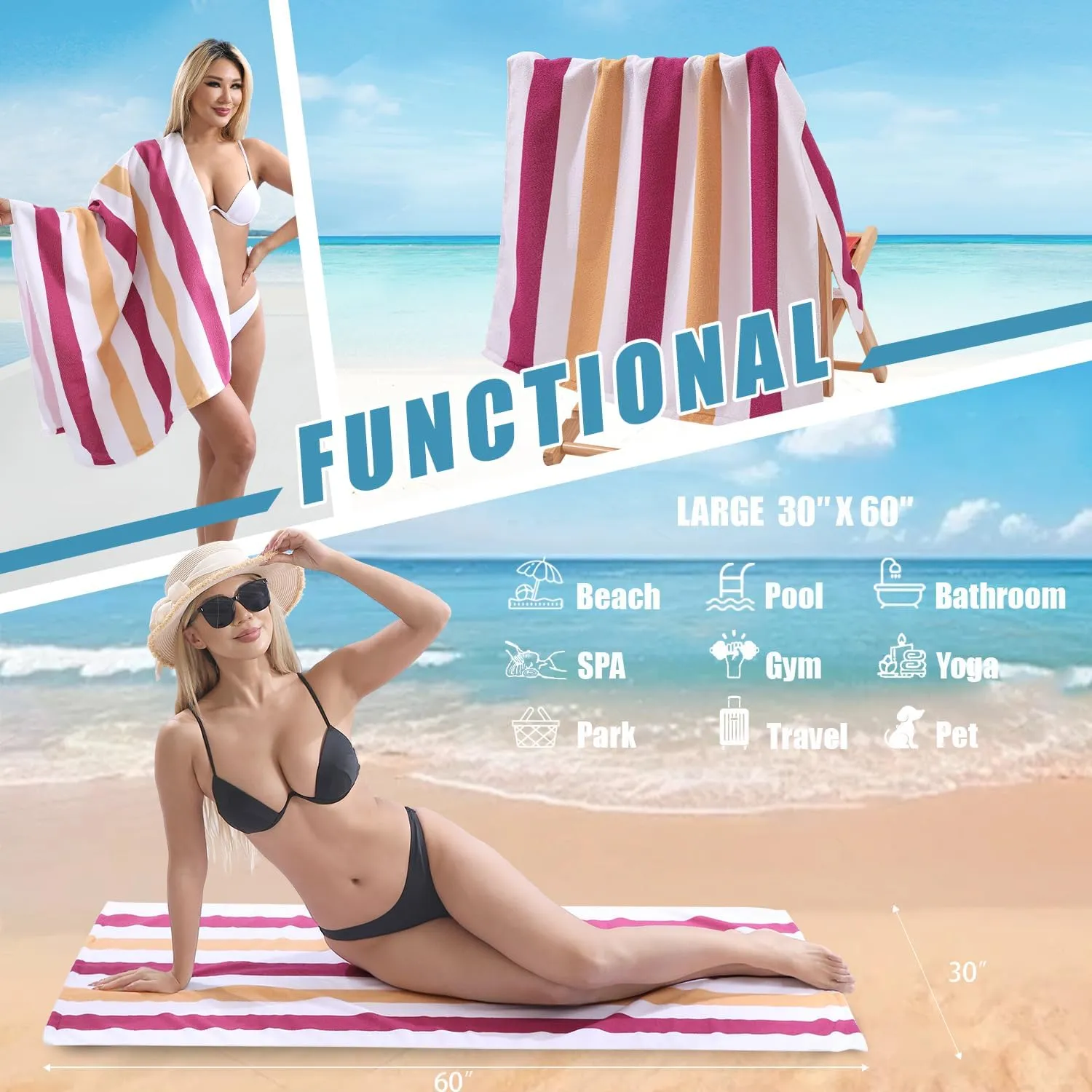 Beach Towel Set-4 Pack 30"x60" Sand Free Stripe Beach Towel for Pool,Bathroom,Soft Absorbent Quick Dry Lightweight Beach Bath Towel,Camping Blanket,Travel Towel,Beach Essentials for Adults,Red/Camel
