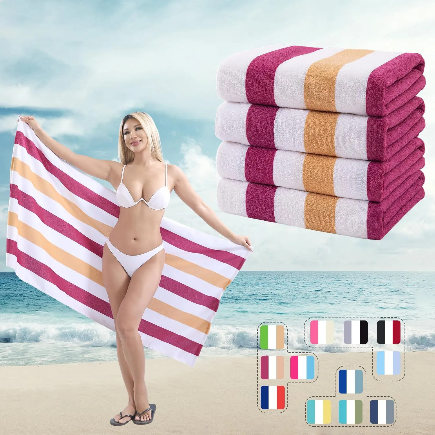 Beach Towel Set-4 Pack 30"x60" Sand Free Stripe Beach Towel for Pool,Bathroom,Soft Absorbent Quick Dry Lightweight Beach Bath Towel,Camping Blanket,Travel Towel,Beach Essentials for Adults,Red/Camel