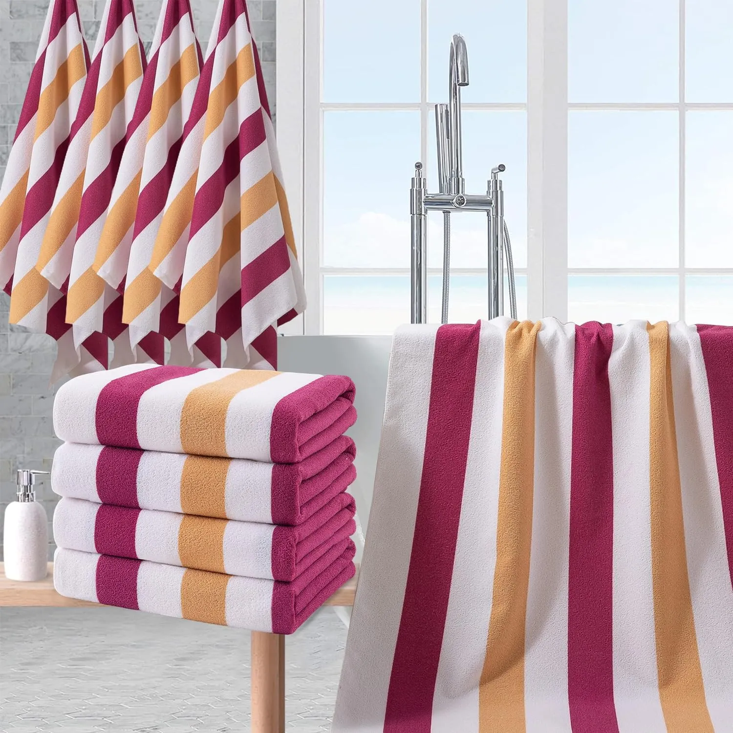 Beach Towel Set-4 Pack 30"x60" Sand Free Stripe Beach Towel for Pool,Bathroom,Soft Absorbent Quick Dry Lightweight Beach Bath Towel,Camping Blanket,Travel Towel,Beach Essentials for Adults,Red/Camel
