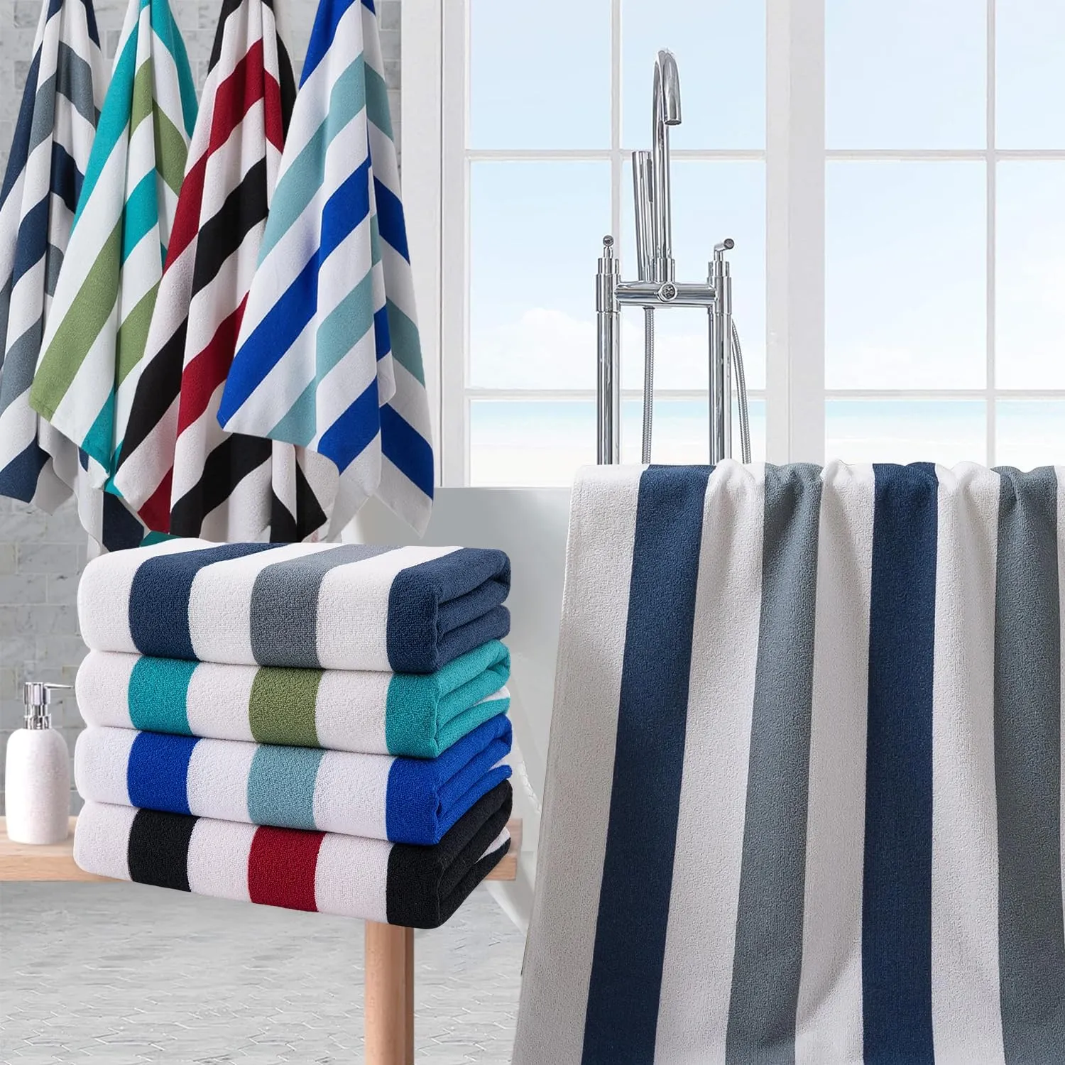 Beach Towel Set-4 Pack 30"x60" Sand Free Stripe Beach Towel for Pool,Bathroom,Soft Absorbent Quick Dry Lightweight Thin Beach Bath Towel,Camping Blanket,Travel Towel,Beach Essentials for Adults