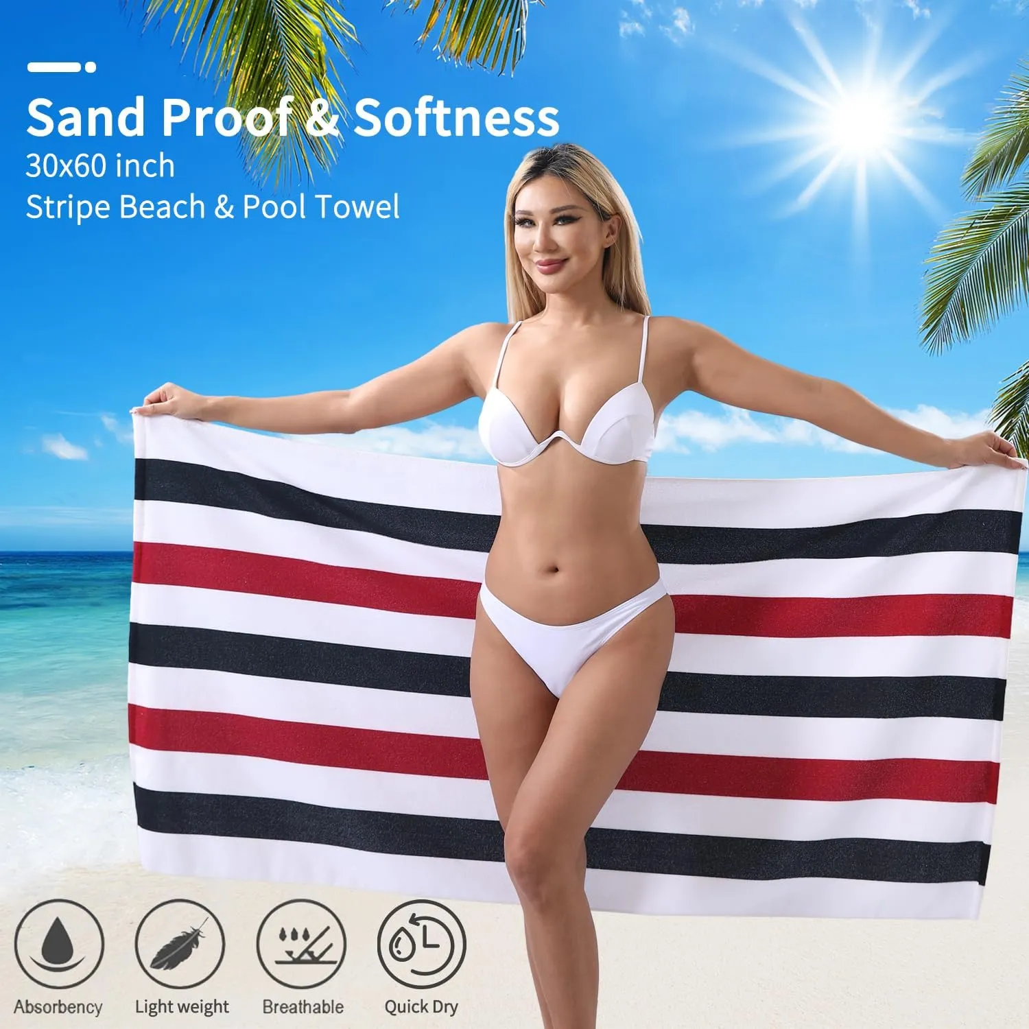 Beach Towel Set-4 Pack 30"x60" Sand Free Stripe Beach Towel for Pool,Bathroom,Soft Absorbent Quick Dry Lightweight Thin Beach Bath Towel,Camping Blanket,Travel Towel,Beach Essentials for Adults