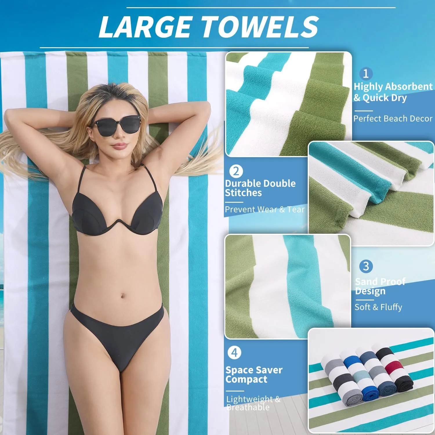 Beach Towel Set-4 Pack 30"x60" Sand Free Stripe Beach Towel for Pool,Bathroom,Soft Absorbent Quick Dry Lightweight Thin Beach Bath Towel,Camping Blanket,Travel Towel,Beach Essentials for Adults