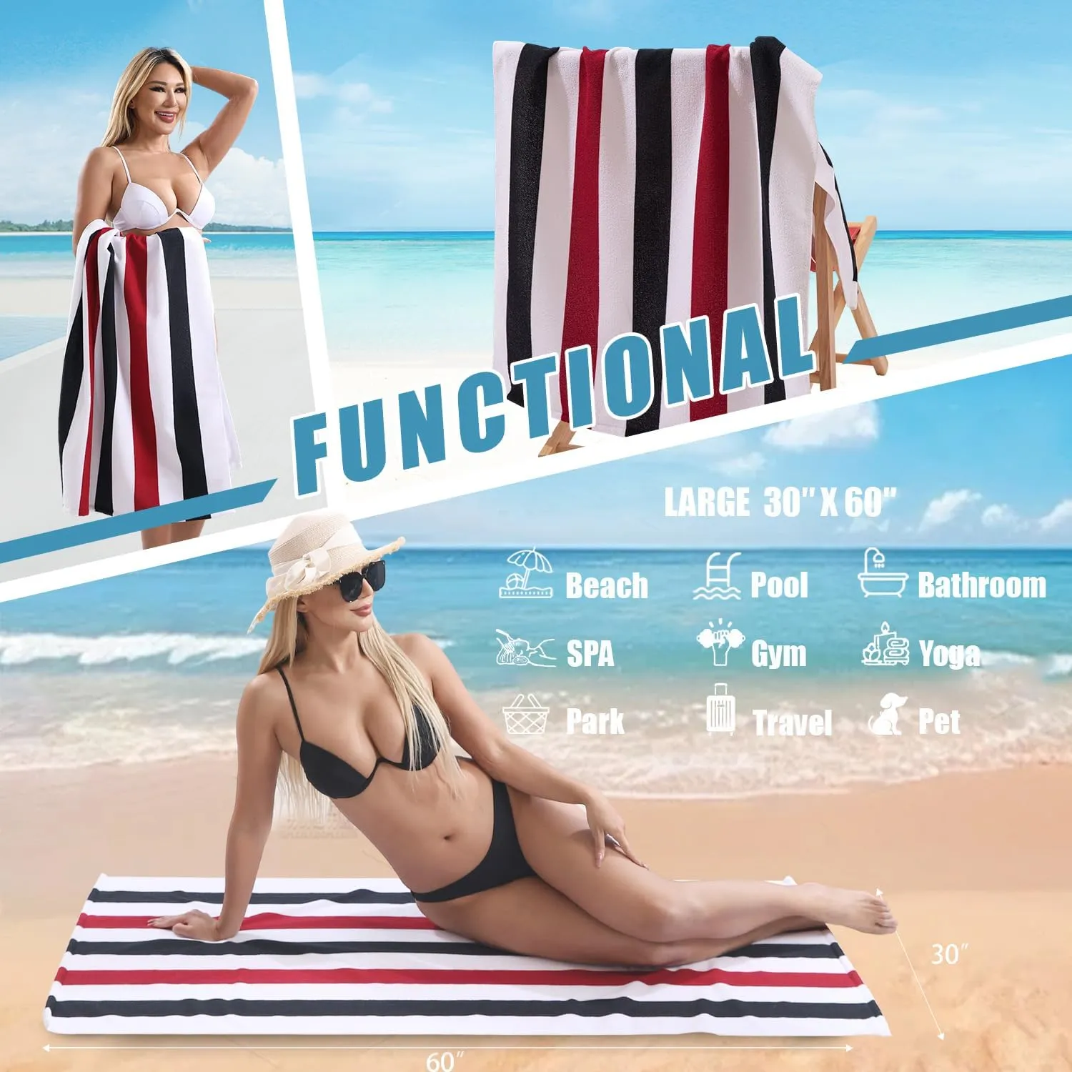 Beach Towel Set-4 Pack 30"x60" Sand Free Stripe Beach Towel for Pool,Bathroom,Soft Absorbent Quick Dry Lightweight Thin Beach Bath Towel,Camping Blanket,Travel Towel,Beach Essentials for Adults