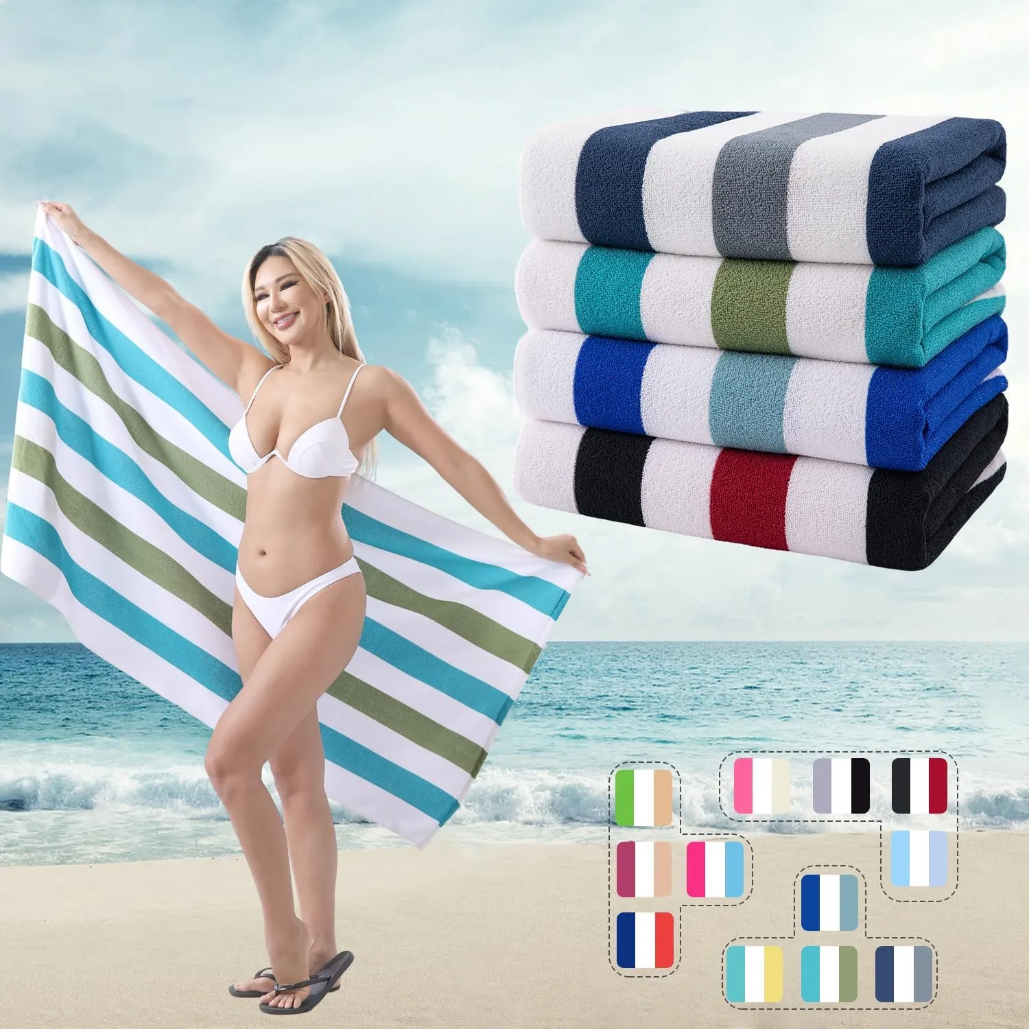 Beach Towel Set-4 Pack 30"x60" Sand Free Stripe Beach Towel for Pool,Bathroom,Soft Absorbent Quick Dry Lightweight Thin Beach Bath Towel,Camping Blanket,Travel Towel,Beach Essentials for Adults