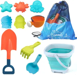 Beach Toys Set for Kids -Collapsible Sand Bucket&Mesh Beach Bag and Shovels Sand Rake Toy 11Pcs Set, Animal & Dinosaur Molds,Fork,Rake&Watering Can for Toddlers Ages 3 