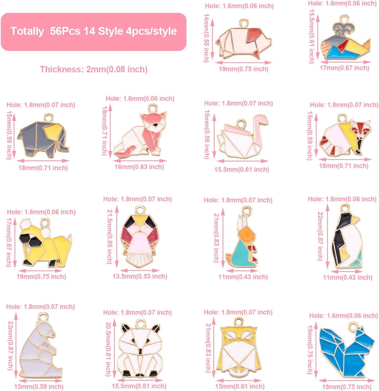 Beadthoven 58Pcs 14 Styles Enamel Cute Animal Charms Pendants Origami Paper Owl Rabbit Dog Swan Bear Assorted Charms Pendants for DIY Jewelry Making Necklace Bracelet Earrings Accessories