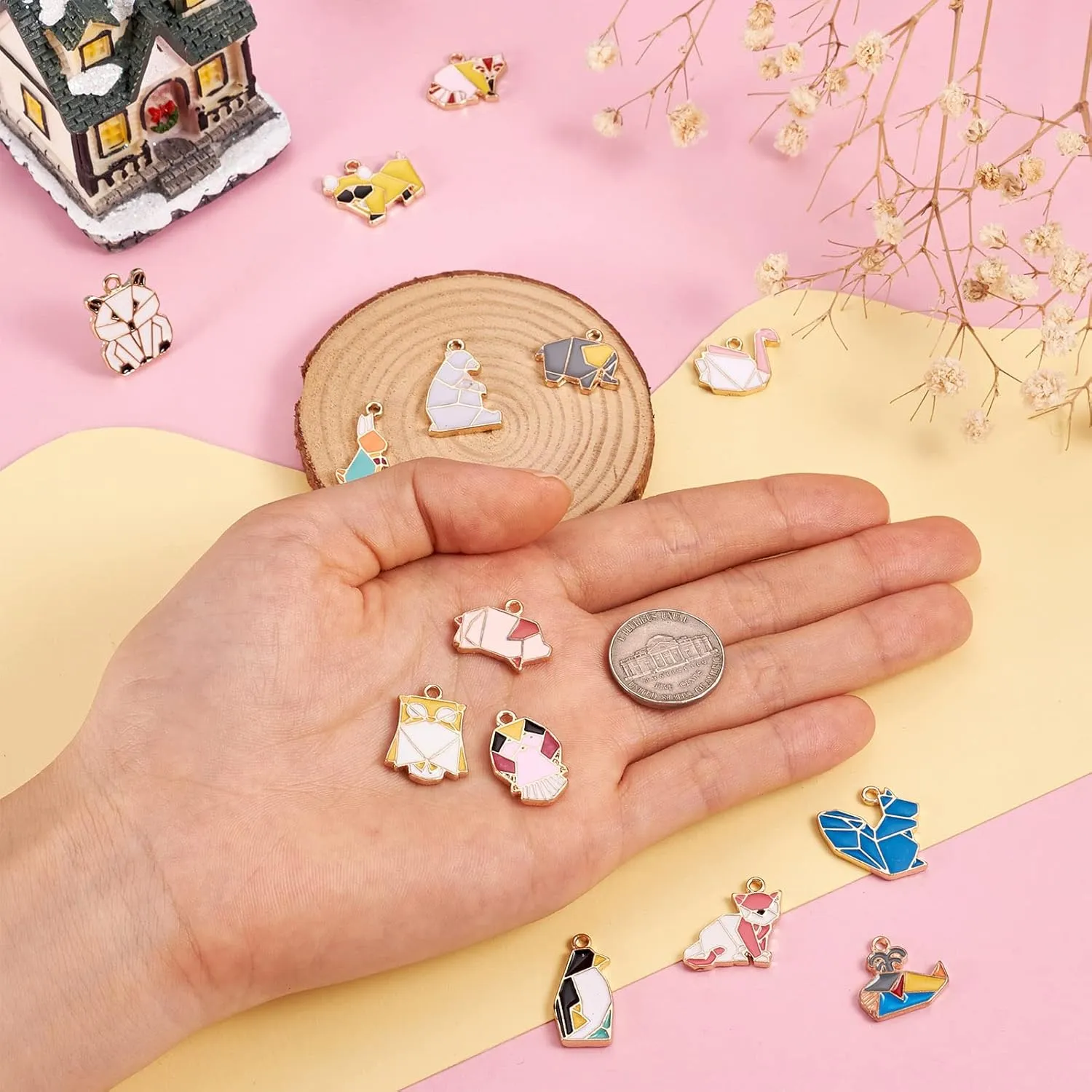 Beadthoven 58Pcs 14 Styles Enamel Cute Animal Charms Pendants Origami Paper Owl Rabbit Dog Swan Bear Assorted Charms Pendants for DIY Jewelry Making Necklace Bracelet Earrings Accessories