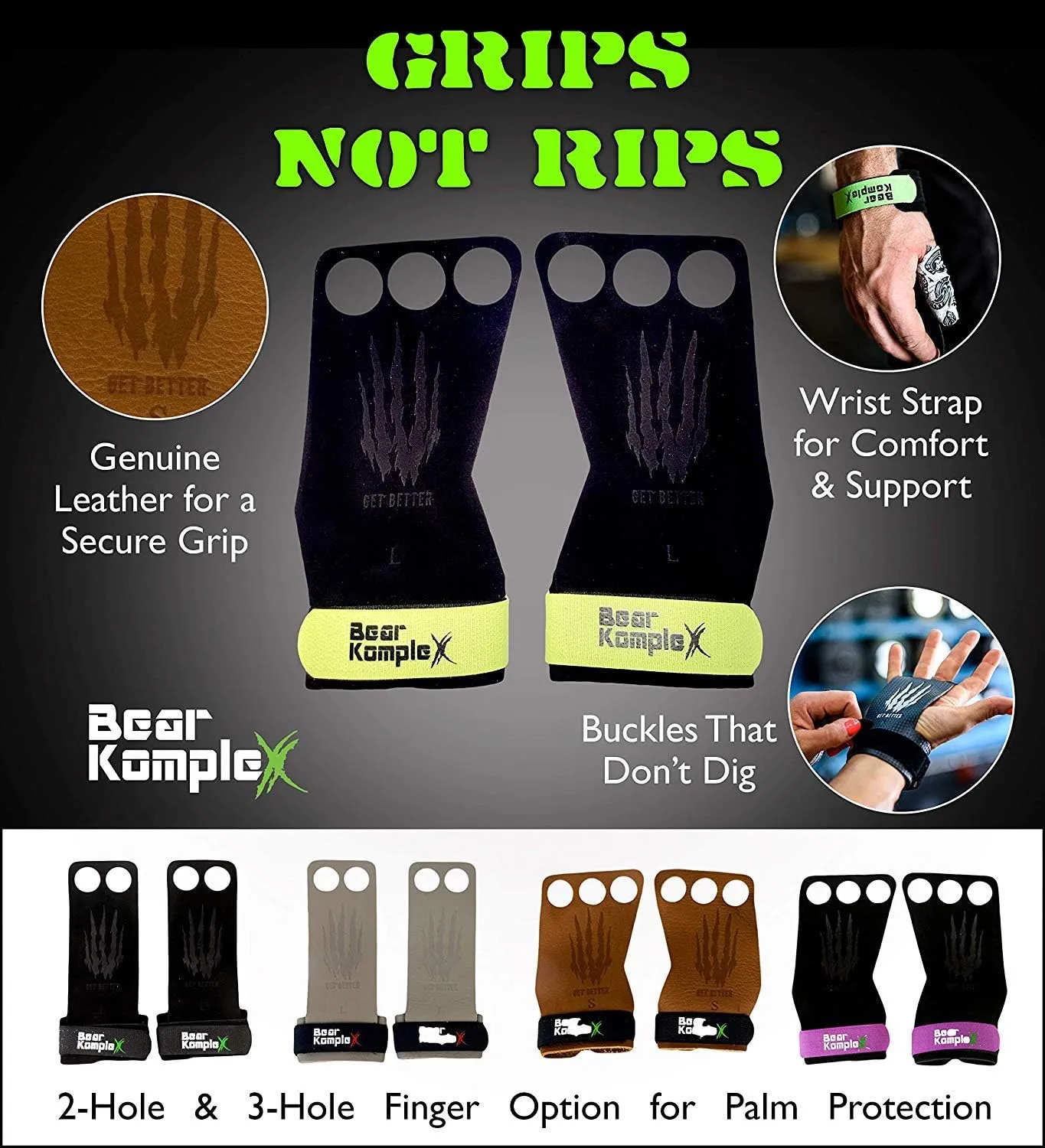 Bear KompleX 2 Hole Leather Hand Grips for Crosffit Workouts, Pull-ups, Weightlifting, WOD Gymnastics, Crosstraining Palm Grips with Wrist Wraps, Hand Protection from Rips and Blisters,1 Pair