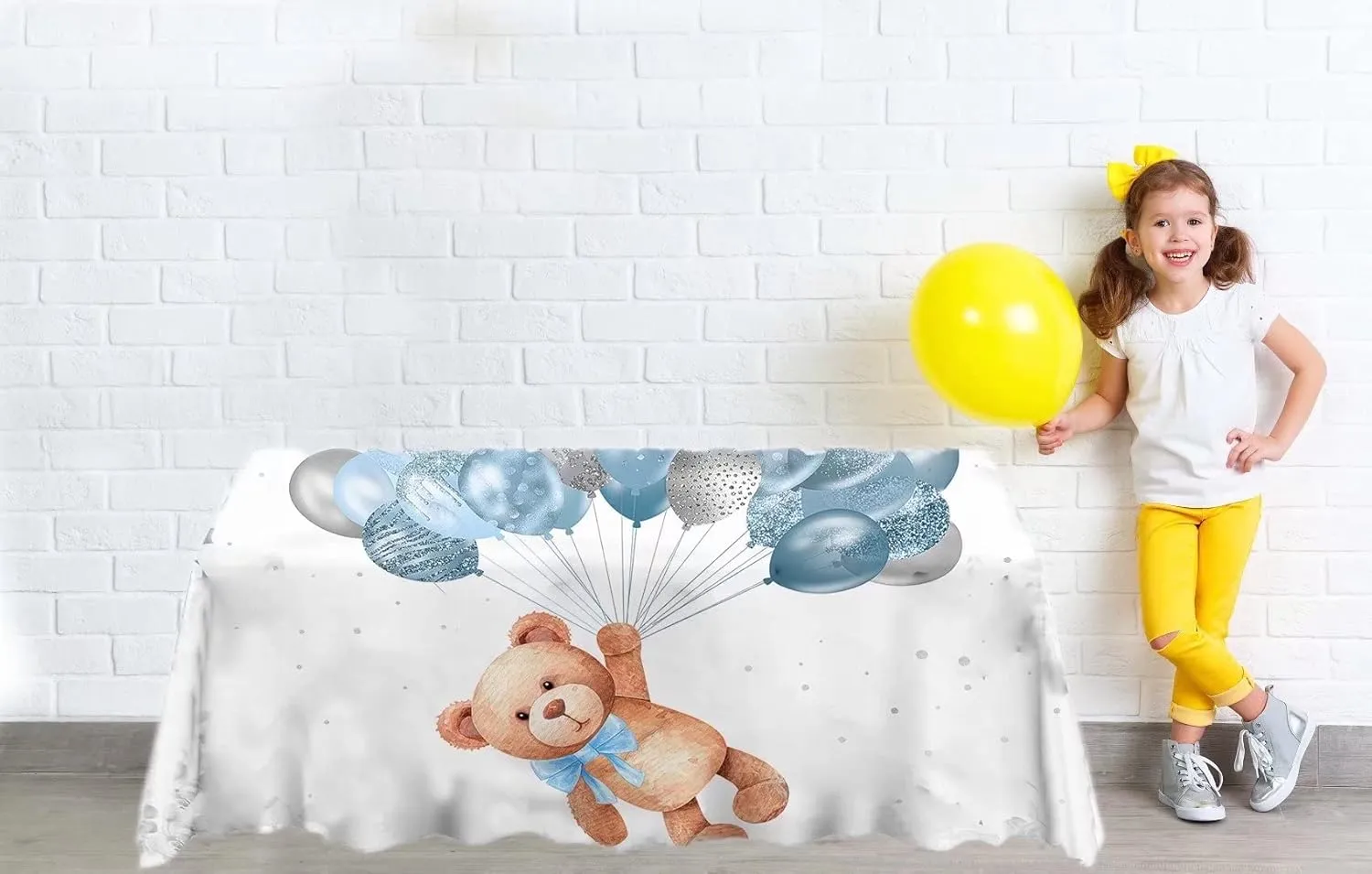 Bear Tablecloth for Baby Shower Decorations We Can Bearly Wait to Meet You Rectangle Table Covers Blue Balloons Boy Birthday Party Table Decors Supplies, 102x62 Inches ZB-1073