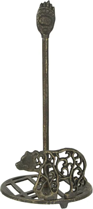 Bear-Themed Rustic Cast Iron Paper Towel Holder - Enhance Your Kitchen with Mountain Cabin Charm and Functional Style - Easy Assembly -14.5 Inches High