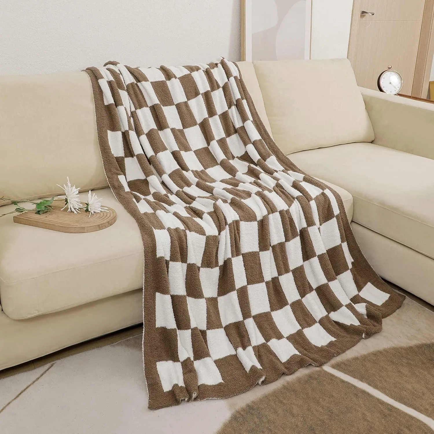 bearberry Fuzzy Checkerboard Grid Throw Blanket Soft Cozy Warm Microfiber Bed Blanket Decor for Couch Sofa Bed Travel Home (Mocha, 60''x80'')