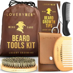Beard Grooming Tool Set, Natural Boar Bristle Brush, Wood Comb, Sheers, Mini Comb, Leather Pouch & Travel Bag, Dual Action Grooming for Beards & Mustaches, Mens Birthday Gifts - Gifts for Men