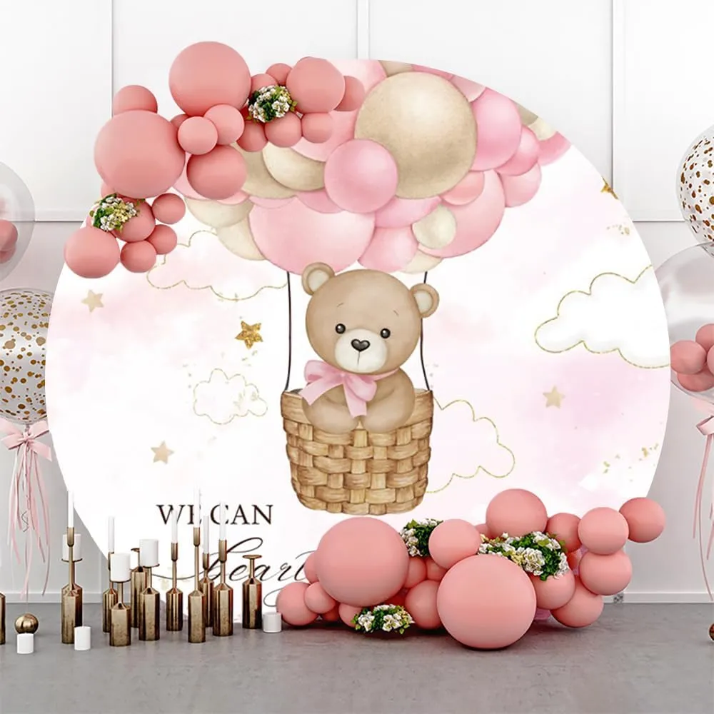 Bearly Wait Round Backdrop Cover Pink Bear Hot Air Balloons Girls Baby Shower Banner Circle Backdrop Studio Props 7.2ft
