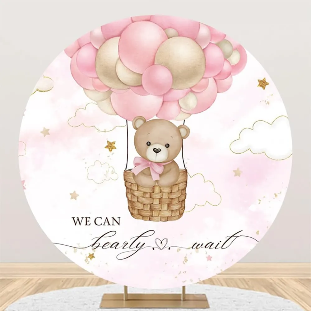 Bearly Wait Round Backdrop Cover Pink Bear Hot Air Balloons Girls Baby Shower Banner Circle Backdrop Studio Props 7.2ft