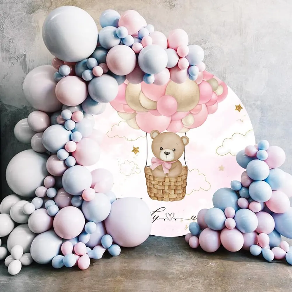 Bearly Wait Round Backdrop Cover Pink Bear Hot Air Balloons Girls Baby Shower Banner Circle Backdrop Studio Props 7.2ft