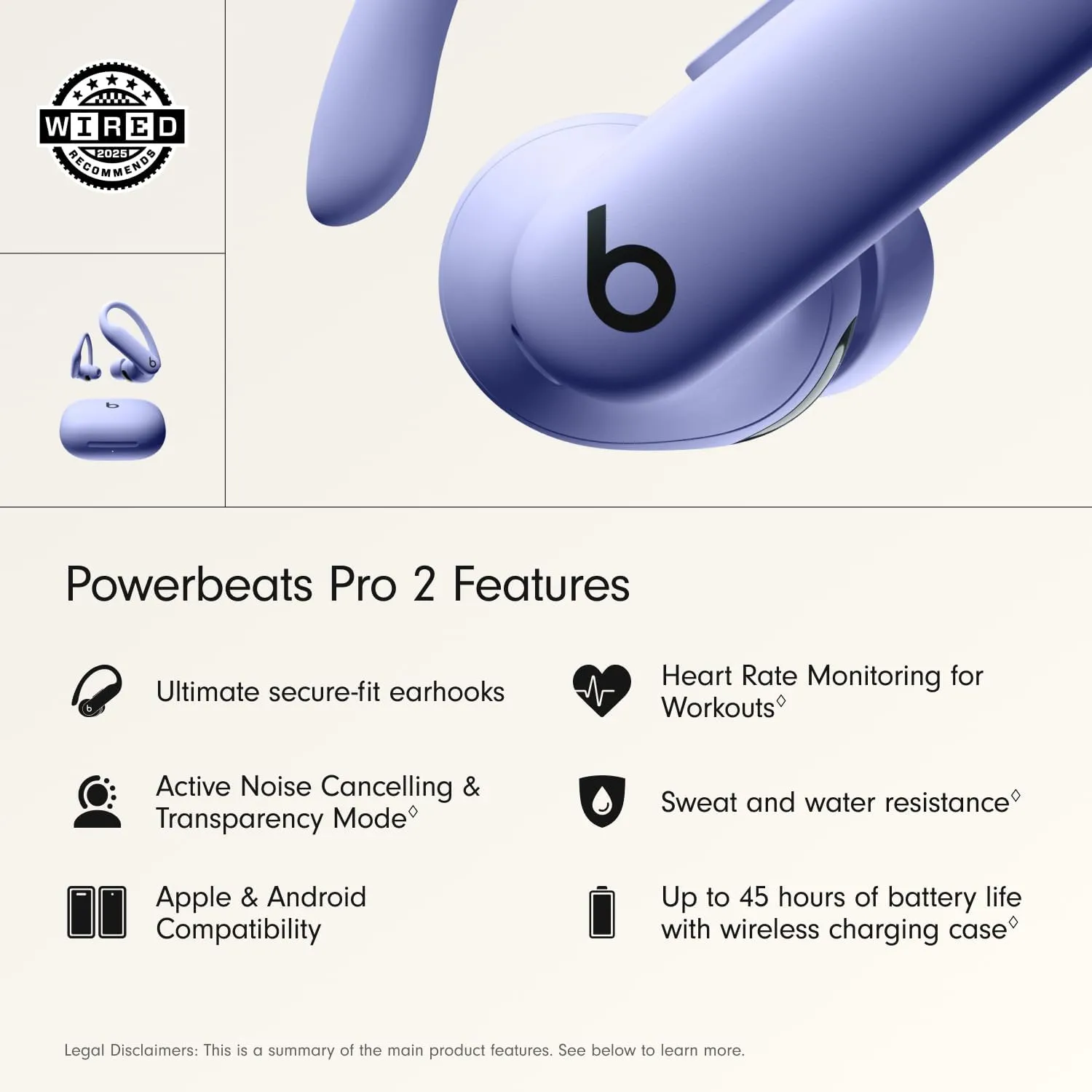 Beats Powerbeats Pro 2 Wireless Bluetooth Earbuds - Noise Cancelling, Heart Rate Monitor, IPX4, Up to 45H Battery & Charging Case, Works with Apple & Android - Hyper Purple