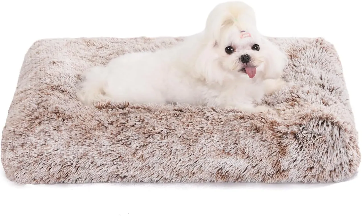 Bedfolks Waterproof Dog Crate Bed, Plush Dog Kennel Pad with Removable Washable Cover, Faux Fur, 17"x12", Brown