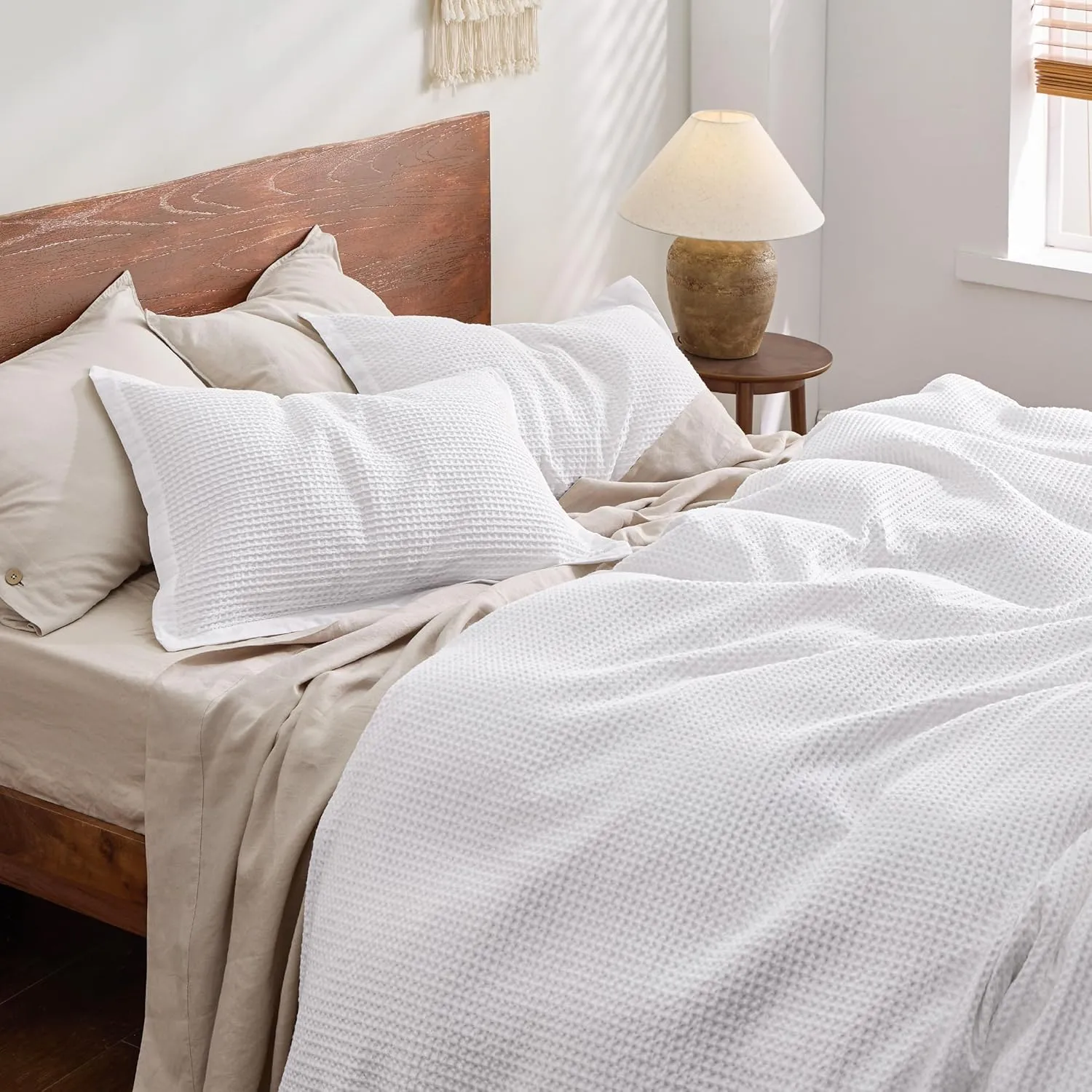 Bedsure Cotton Duvet Cover King - 100% Cotton Waffle Weave Bright White Duvet Cover King Size, GentleSoft™ and Breathable Bedding Set for All Season, 3 Pieces, 104"x90"
