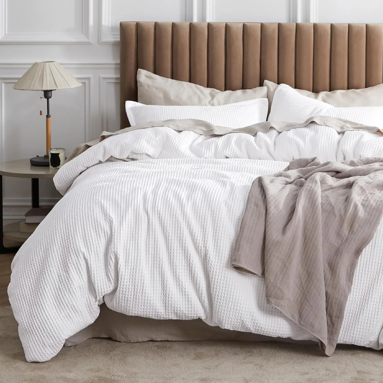 Bedsure Cotton Duvet Cover King - 100% Cotton Waffle Weave Bright White Duvet Cover King Size, GentleSoft™ and Breathable Bedding Set for All Season, 3 Pieces, 104"x90"
