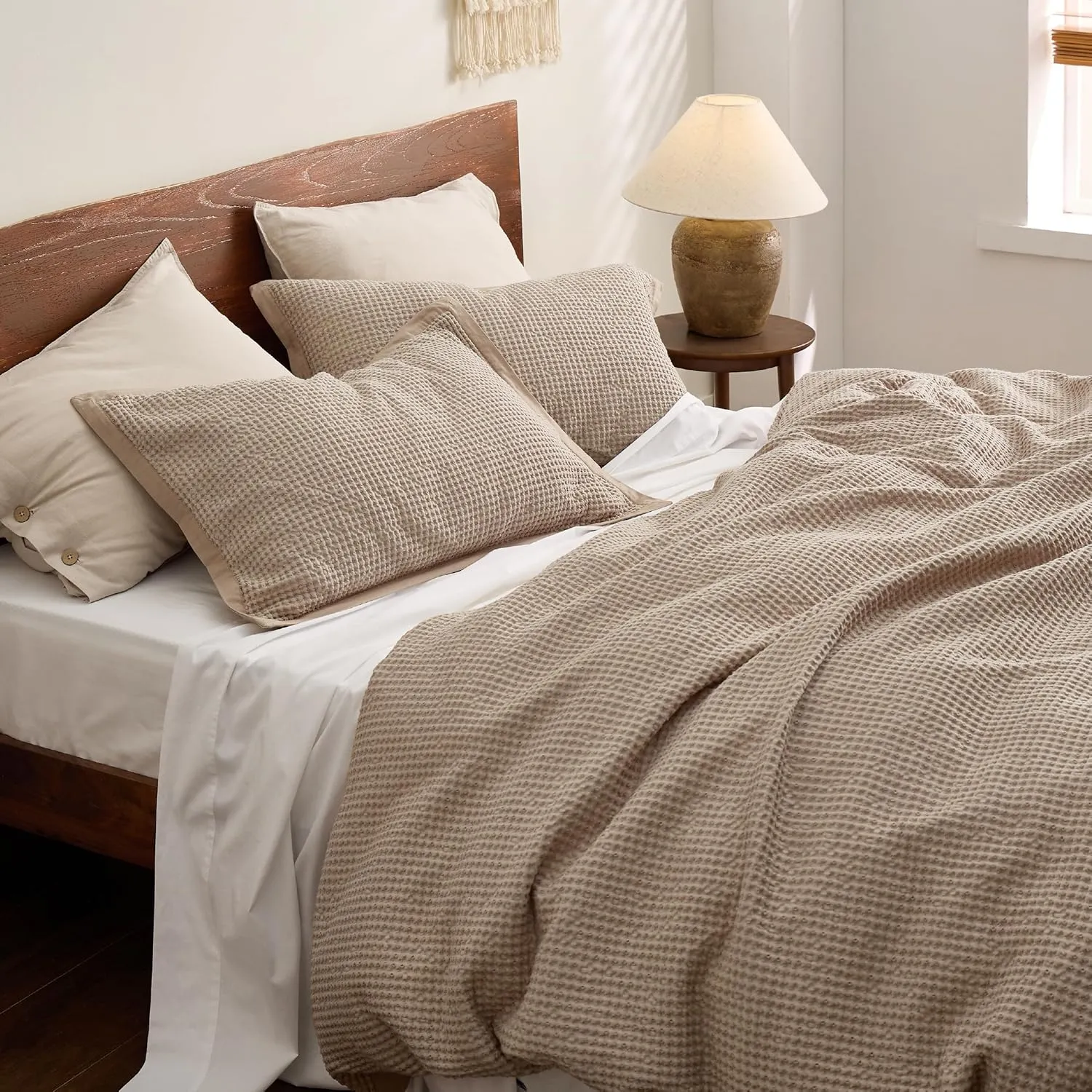 Bedsure Cotton Duvet Cover Queen - 100% Cotton Waffle Weave Khaki Duvet Cover Queen Size, GentleSoft™ and Breathable Tan Bedding Set for All Season, 3 Pieces, 90"x90"