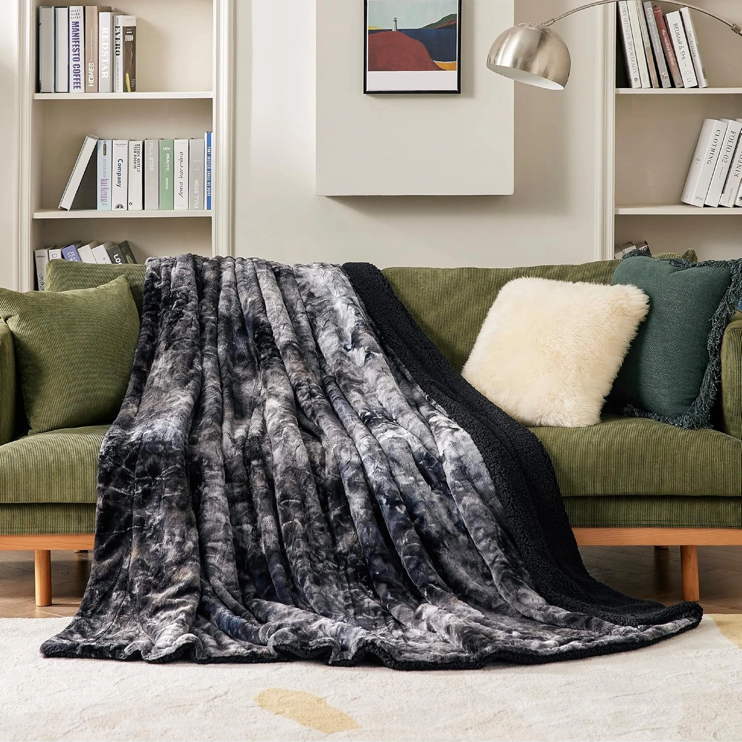 Bedsure Sherpa Fluffy Blanket Twin Size - Fleece Soft and Cozy Throw for Women, Plush & Fuzzy Faux Fur Blanket for Couch, Sofa and Bed, Tie Dye Design, Black, 60x80 Inches