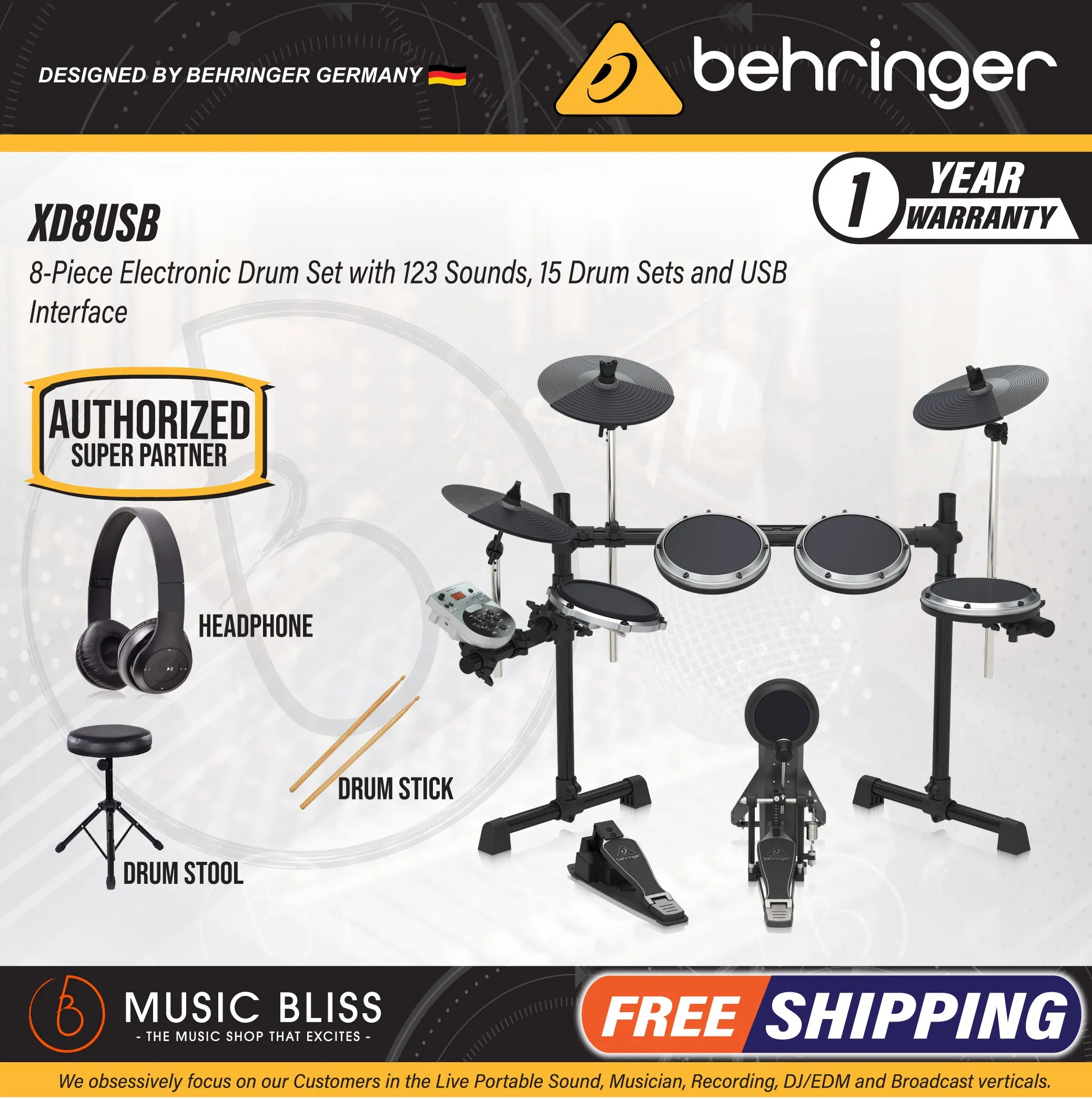 Behringer XD-8USB 5-piece Electronic Drum Set with Headphone, Drum Stool and Drumsticks, Best Beginner Home Practice Digital Drum