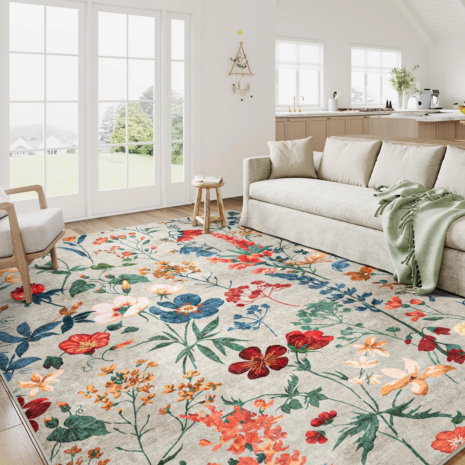Beige Area Rug 6x9 Floral Washable Living Room Kitchen Boho Carpet Non Slip Low Pile Indoor Accent Lightweight Soft Throw Rug for Bedroom Office Dining Room Nursery Farmhouse