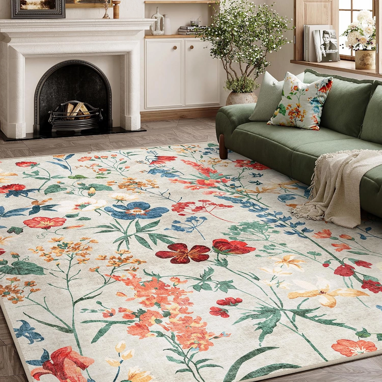 Beige Area Rug 6x9 Floral Washable Living Room Kitchen Boho Carpet Non Slip Low Pile Indoor Accent Lightweight Soft Throw Rug for Bedroom Office Dining Room Nursery Farmhouse