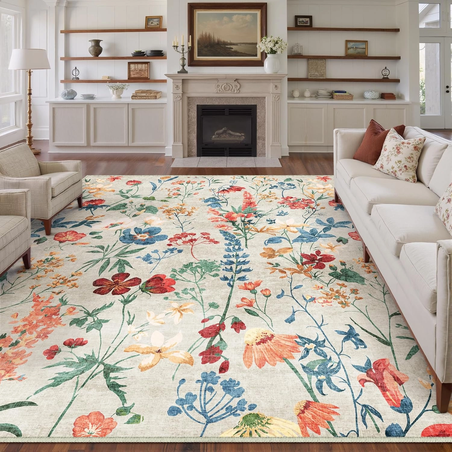 Beige Area Rug 6x9 Floral Washable Living Room Kitchen Boho Carpet Non Slip Low Pile Indoor Accent Lightweight Soft Throw Rug for Bedroom Office Dining Room Nursery Farmhouse