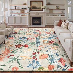 Beige Area Rug 6x9 Floral Washable Living Room Kitchen Boho Carpet Non Slip Low Pile Indoor Accent Lightweight Soft Throw Rug for Bedroom Office Dining Room Nursery Farmhouse