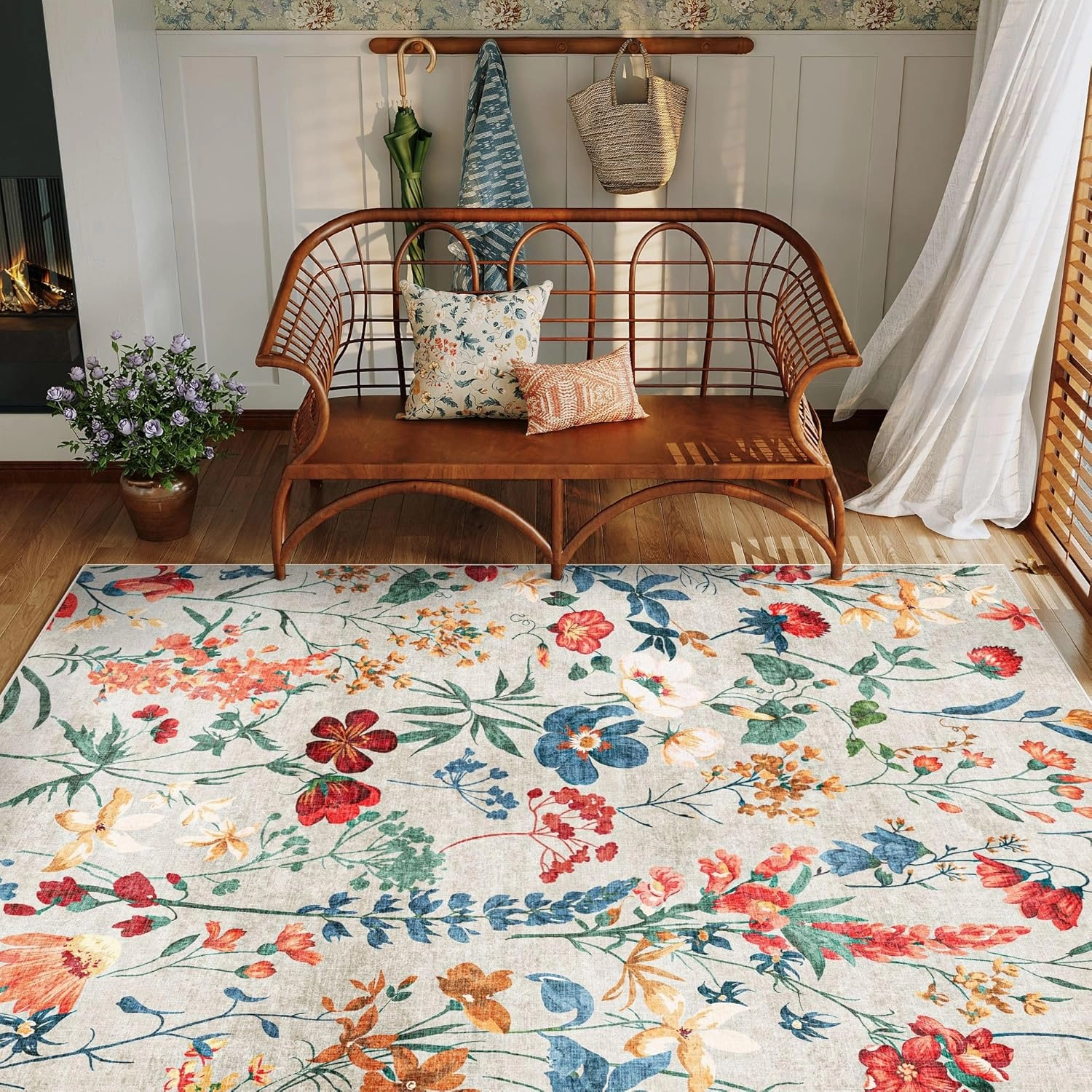 Beige Area Rug 6x9 Floral Washable Living Room Kitchen Boho Carpet Non Slip Low Pile Indoor Accent Lightweight Soft Throw Rug for Bedroom Office Dining Room Nursery Farmhouse