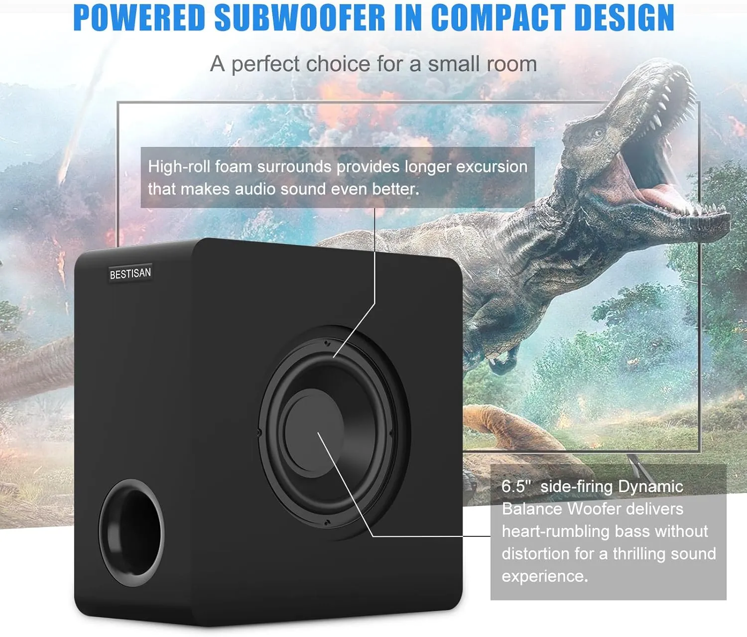 BESTISAN Powered 6.5’’ Home Audio Subwoofer, Deep Bass Response Subwoofers in Compact Design, Easy Setup with Home Theater Systems, TV, Speakers, RCA, Black