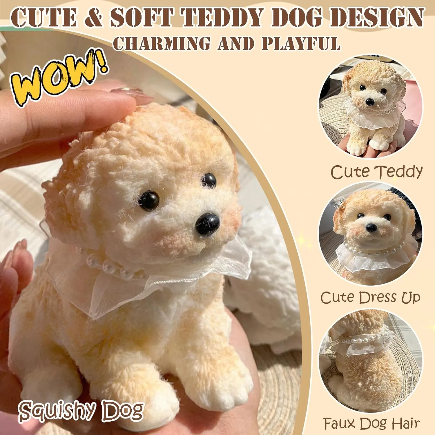 Big taba Squishy Dog, Handmade Squishy Dog Stress Relief Toy for Adult/Kids, Cute & Soft Teddy Dog Design, Perfect Squeeze Toys Gift for Relaxation and Fun(Cream Color)