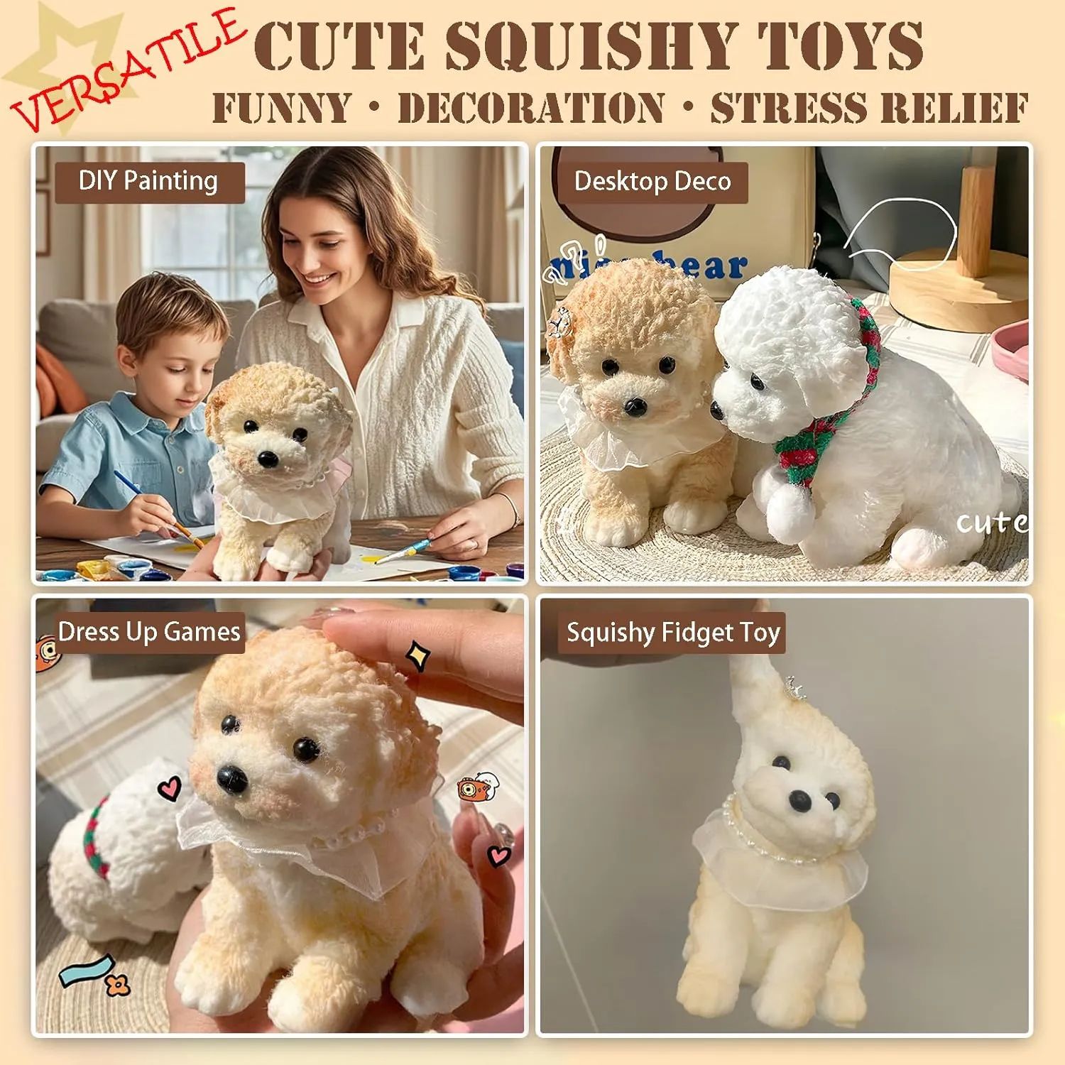 Big taba Squishy Dog, Handmade Squishy Dog Stress Relief Toy for Adult/Kids, Cute & Soft Teddy Dog Design, Perfect Squeeze Toys Gift for Relaxation and Fun(Cream Color)