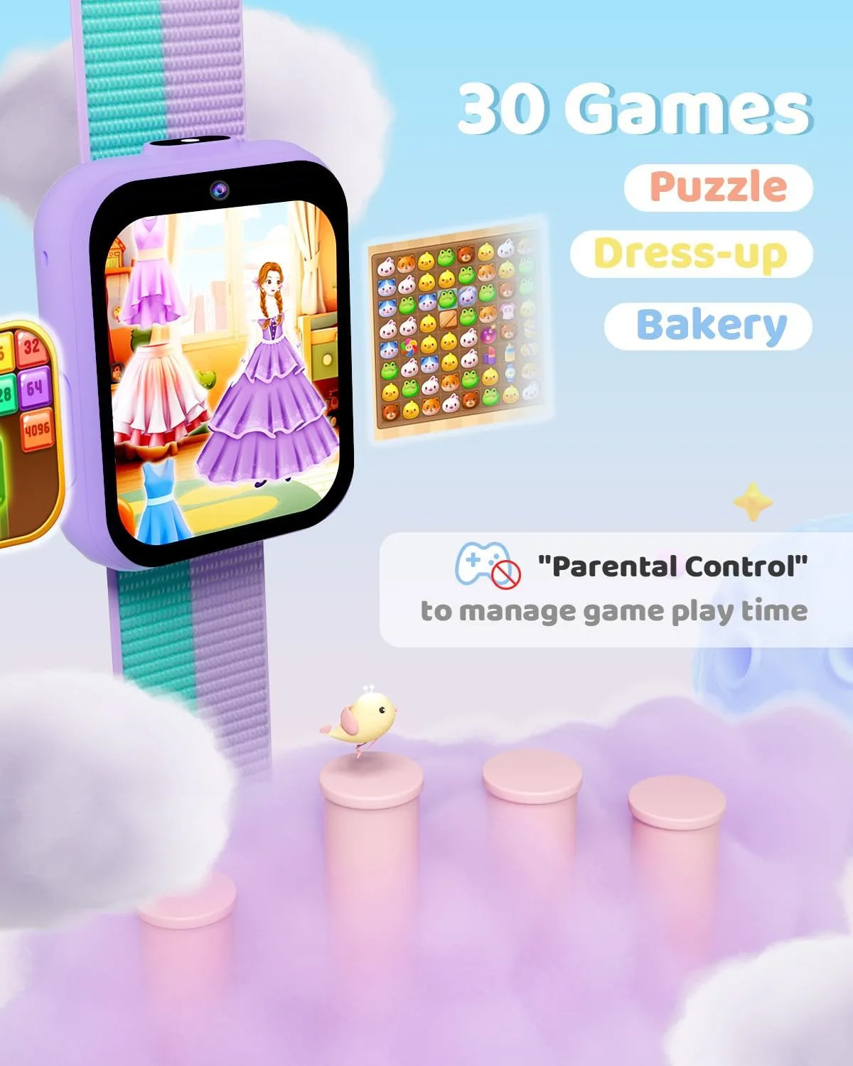 BIGGERFIVE Smart Watch for Kids with Dual Cameras, Two Straps, 30 Puzzle Games, Video & Music Player, Audiobooks, Flashlight, Pedometer, Educational Toys Birthday Gifts for Girls Ages 4-10 Lilac