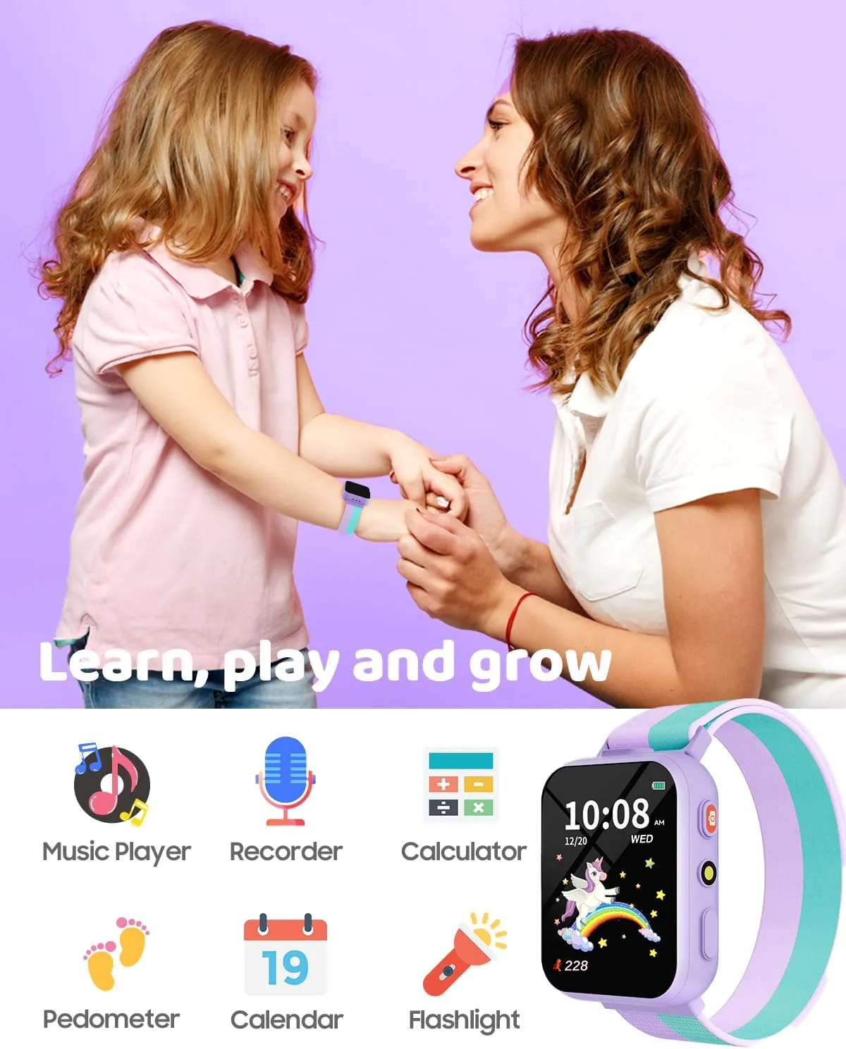 BIGGERFIVE Smart Watch for Kids with Dual Cameras, Two Straps, 30 Puzzle Games, Video & Music Player, Audiobooks, Flashlight, Pedometer, Educational Toys Birthday Gifts for Girls Ages 4-10 Lilac