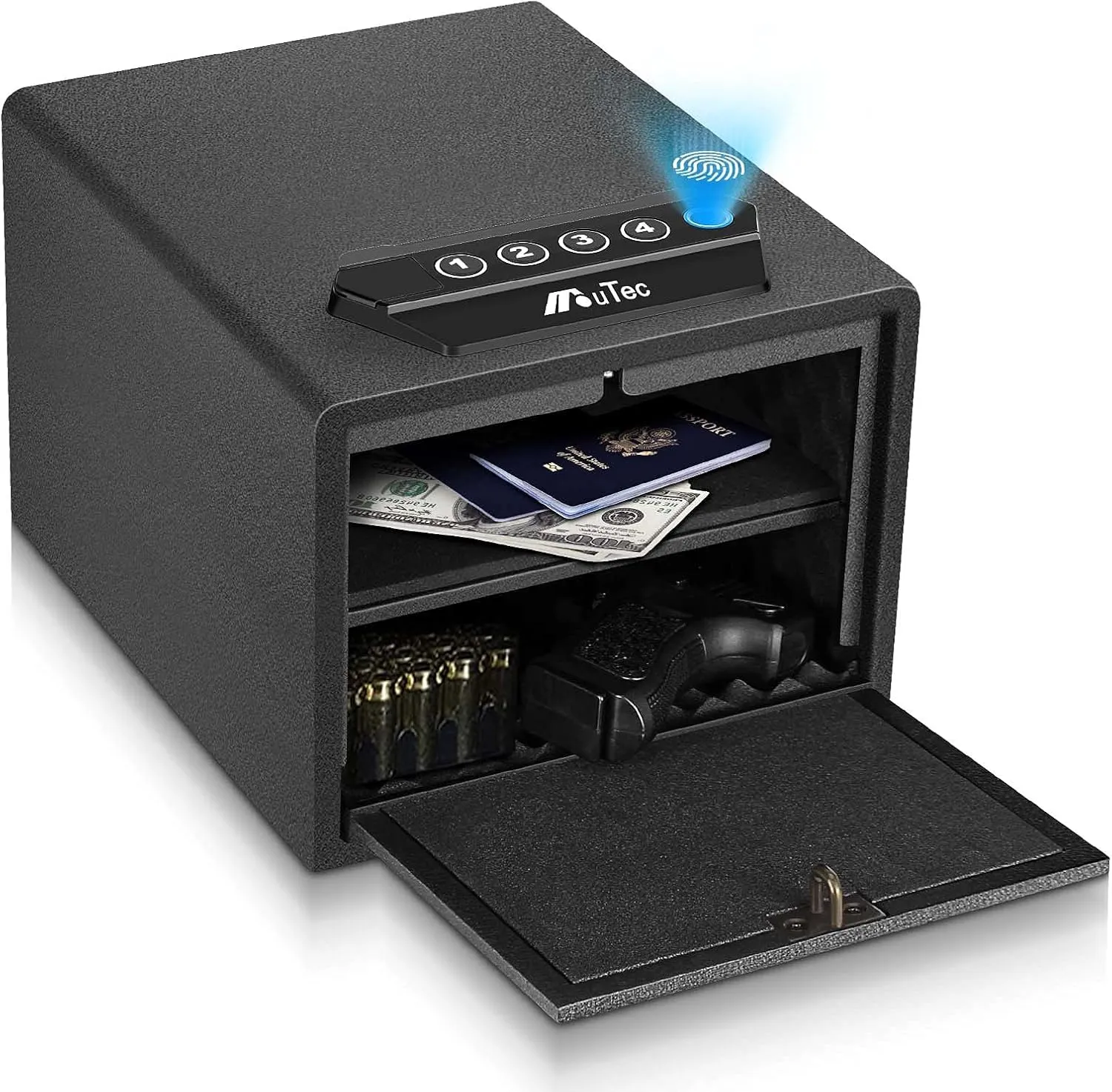 Biometric Handgun Safe, Quick Access Fingerprint Multifunction Pistol Safe with Pop-Open Door and Removable Interior Shelf, Hand Gun Safe Firearm Case Box - Biometric/Keypad/Key Access,Silent Mode