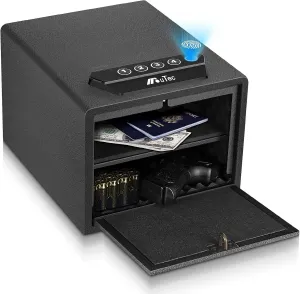 Biometric Handgun Safe, Quick Access Fingerprint Multifunction Pistol Safe with Pop-Open Door and Removable Interior Shelf, Hand Gun Safe Firearm Case Box - Biometric/Keypad/Key Access,Silent Mode