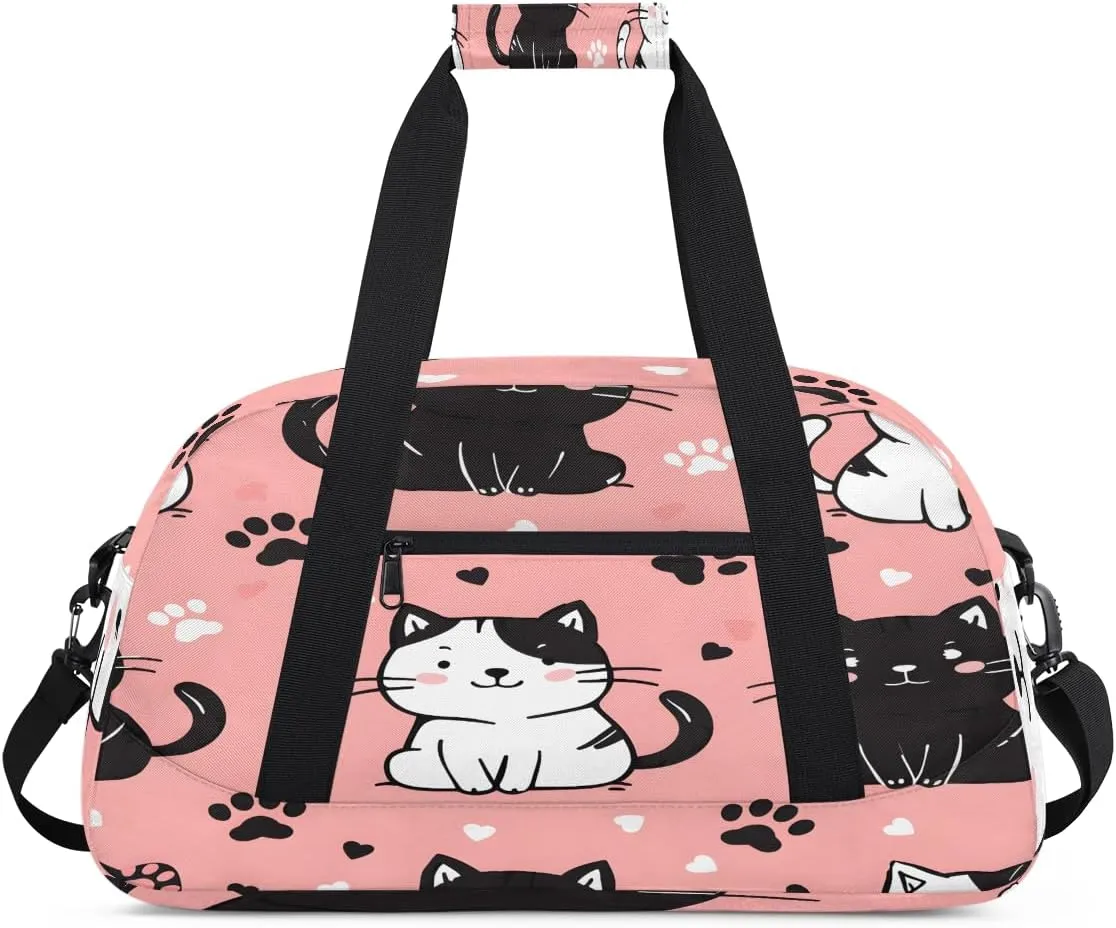 Black and White Cat Kids Overnighter Duffel Bags for Boys, Carry-On Size Sports Gym Bag with Front Zipper Pocket for School Practice or Overnight Travel Weekender Sleepover Tote Bag